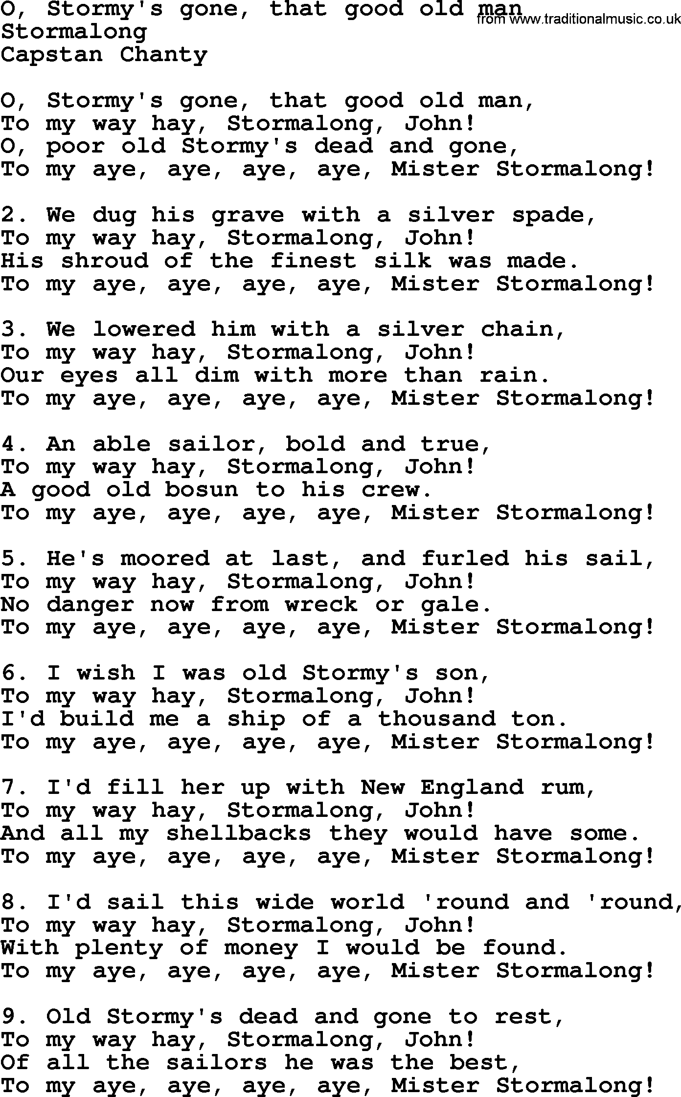 Sea Song or Shantie: O Stormys Gone That Good Old Man, lyrics