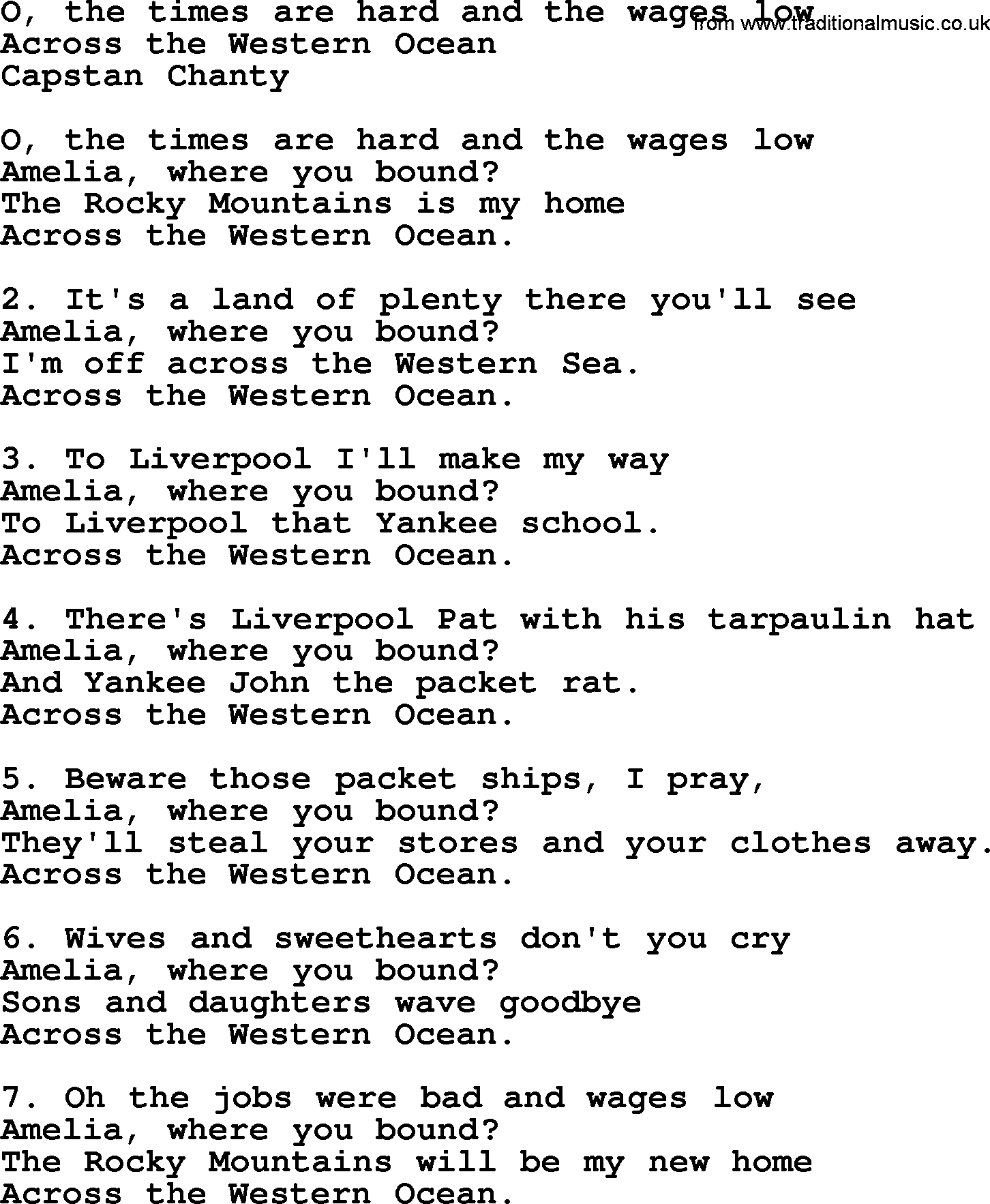 Sea Song or Shantie: O The Times Are Hard And The Wages Low, lyrics