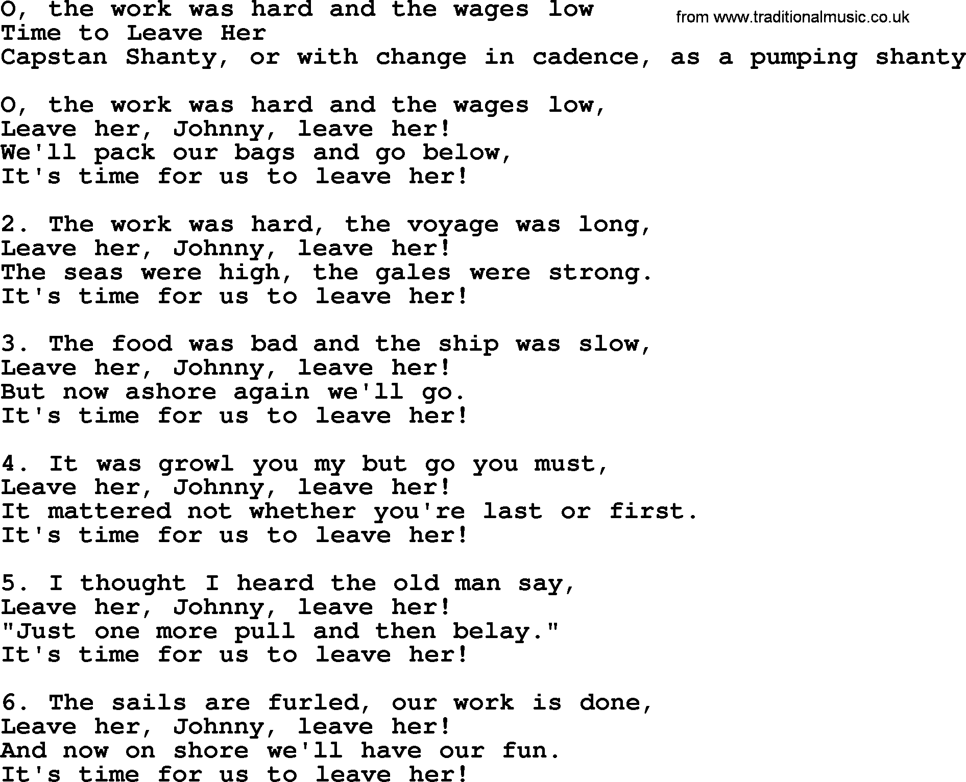 Sea Song or Shantie: O The Work Was Hard And The Wages Low, lyrics