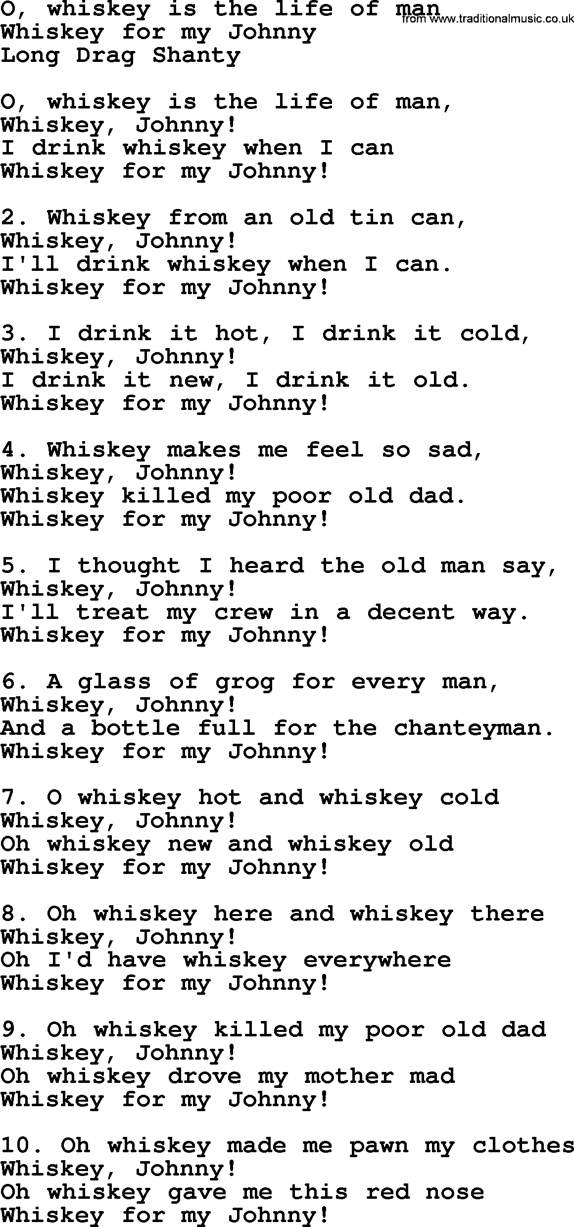 Sea Song or Shantie: O Whiskey Is The Life Of Man, lyrics