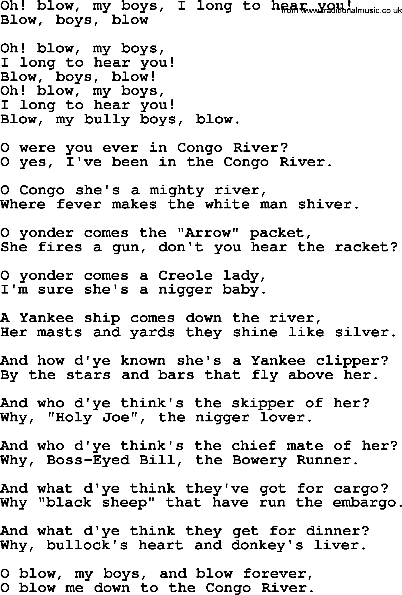 Sea Song or Shantie: Oh Blow My Boys I Long To Hear You, lyrics