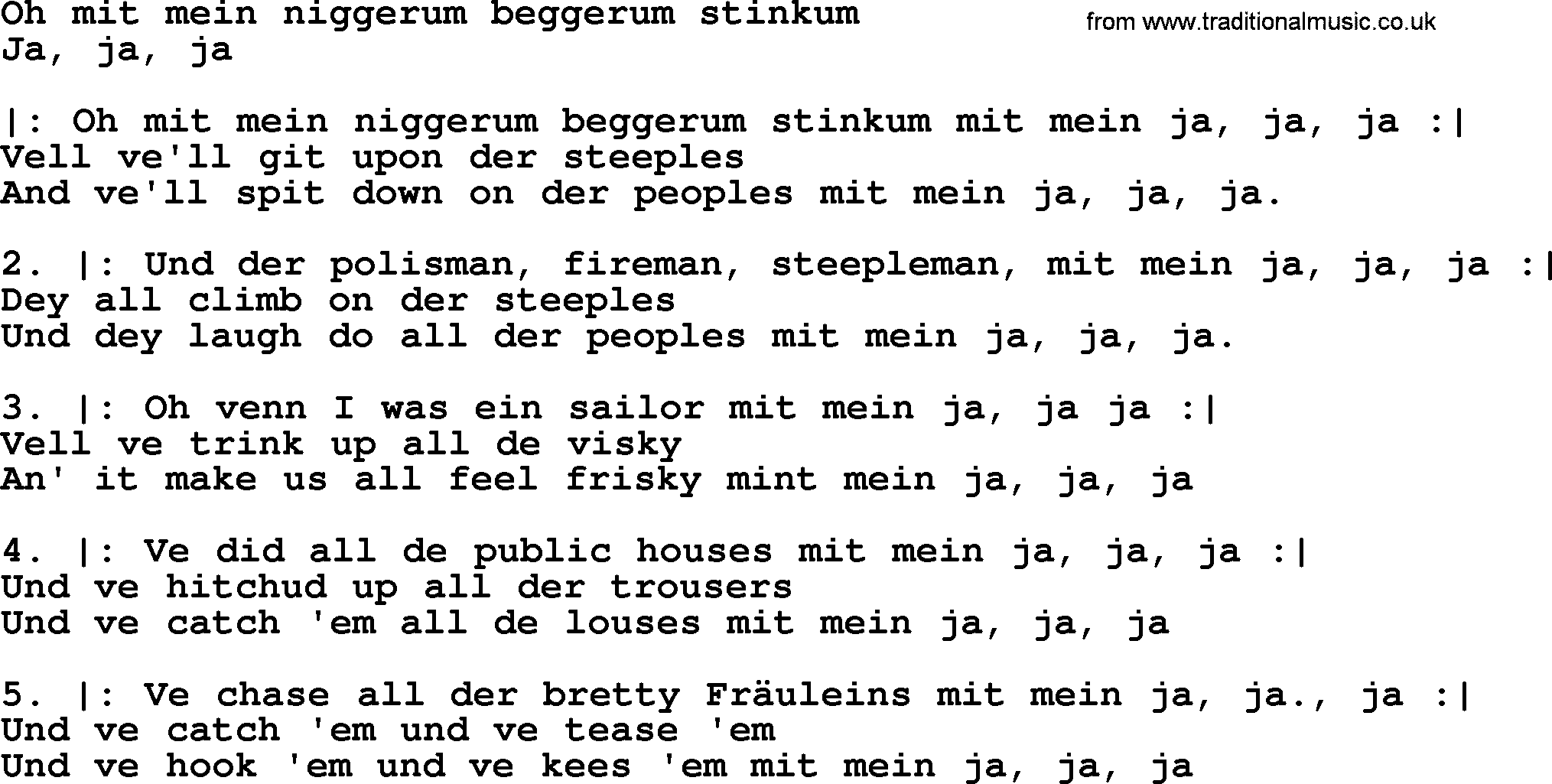 Sea Song or Shantie: Oh Mit Mein Niggerum Beggerum Stinkum, lyrics