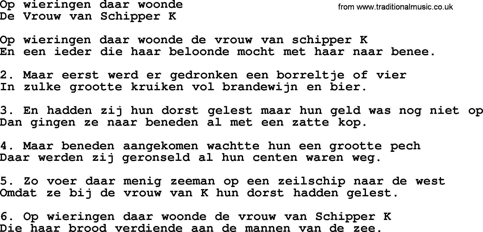 Sea Song or Shantie: Op Wieringen Daar Woonde, lyrics
