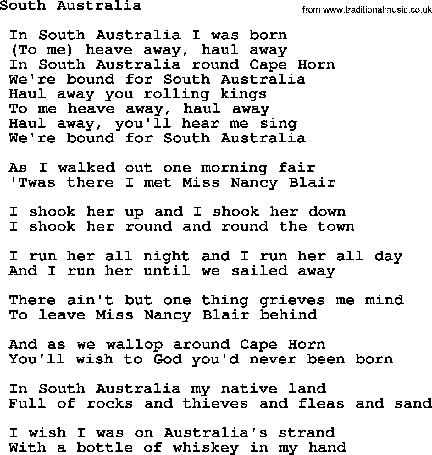 Sea Song or Shantie: South Australia, lyrics
