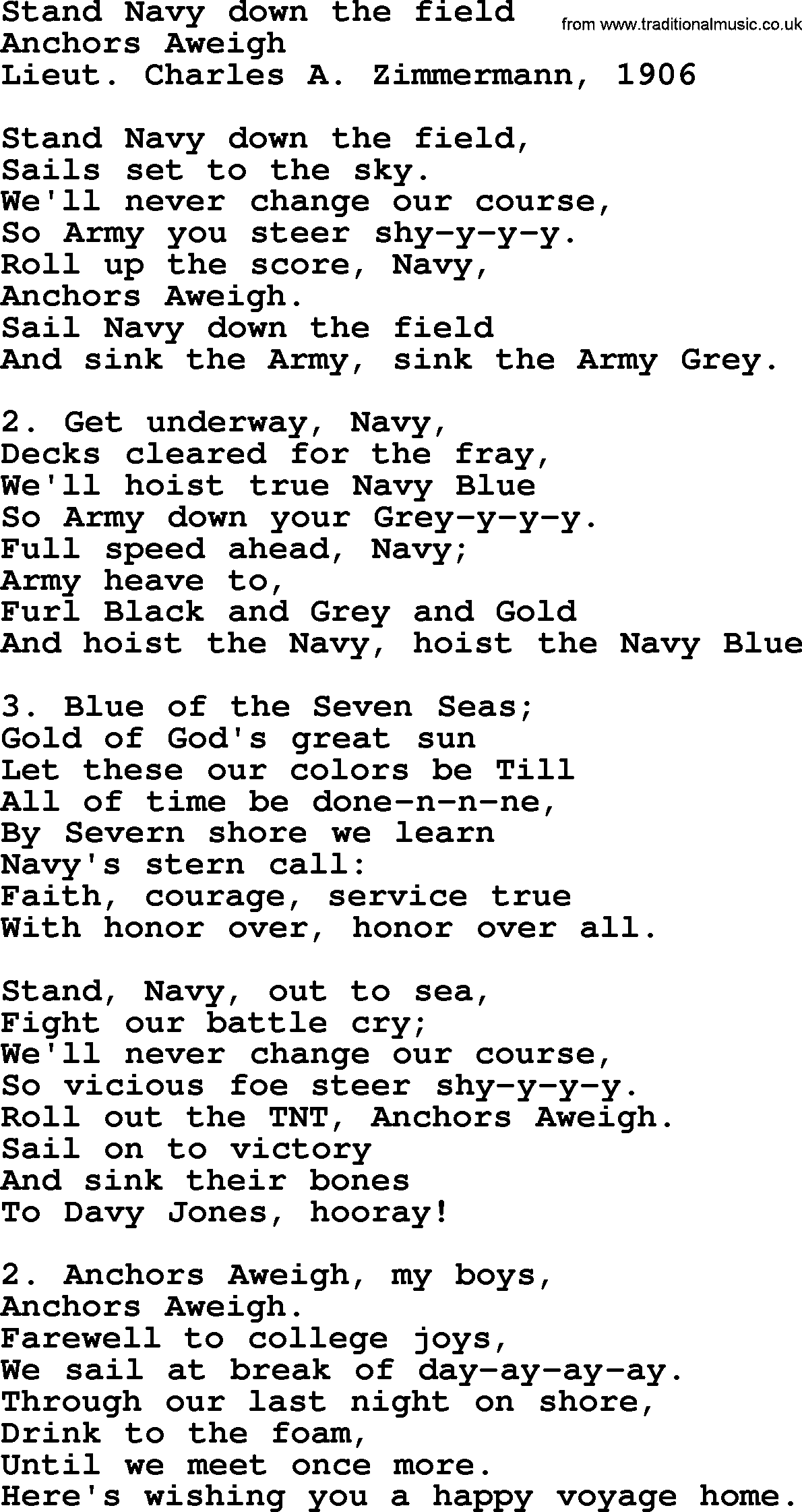 Sea Song or Shantie: Stand Navy Down The Field, lyrics