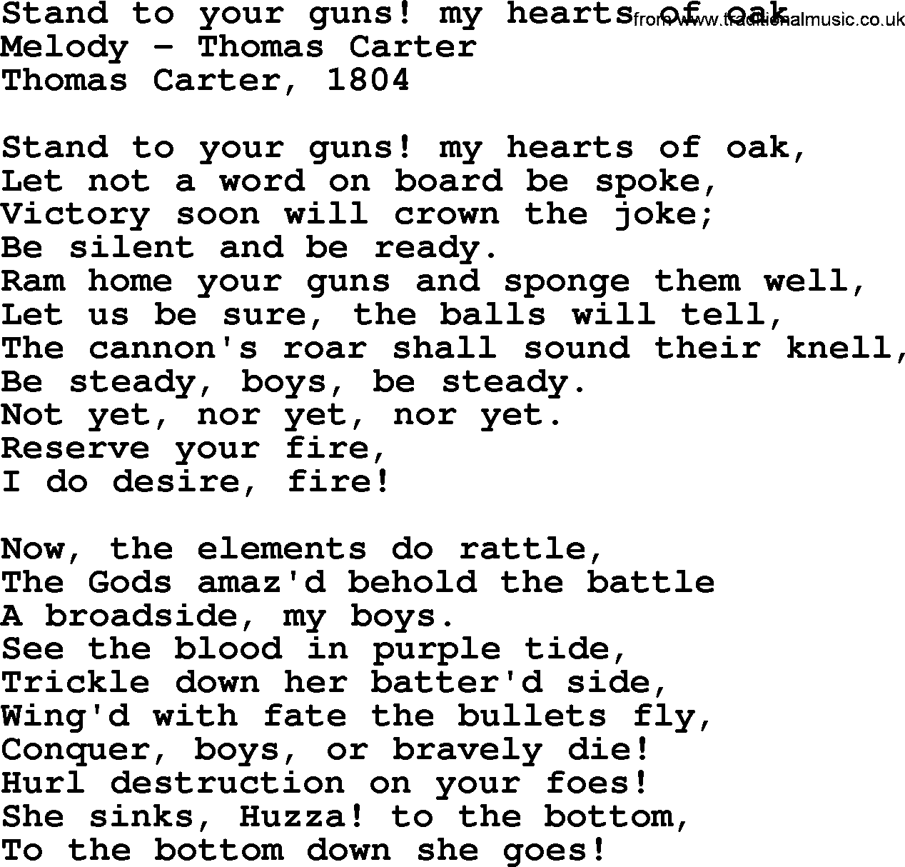 Sea Song or Shantie: Stand To Your Guns My Hearts Of Oak, lyrics