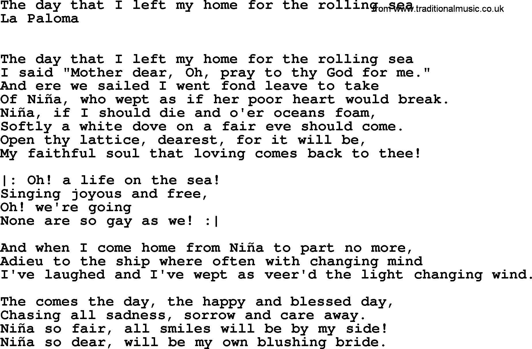 Sea Song or Shantie: The Day That I Left My Home For The Rolling Sea, lyrics