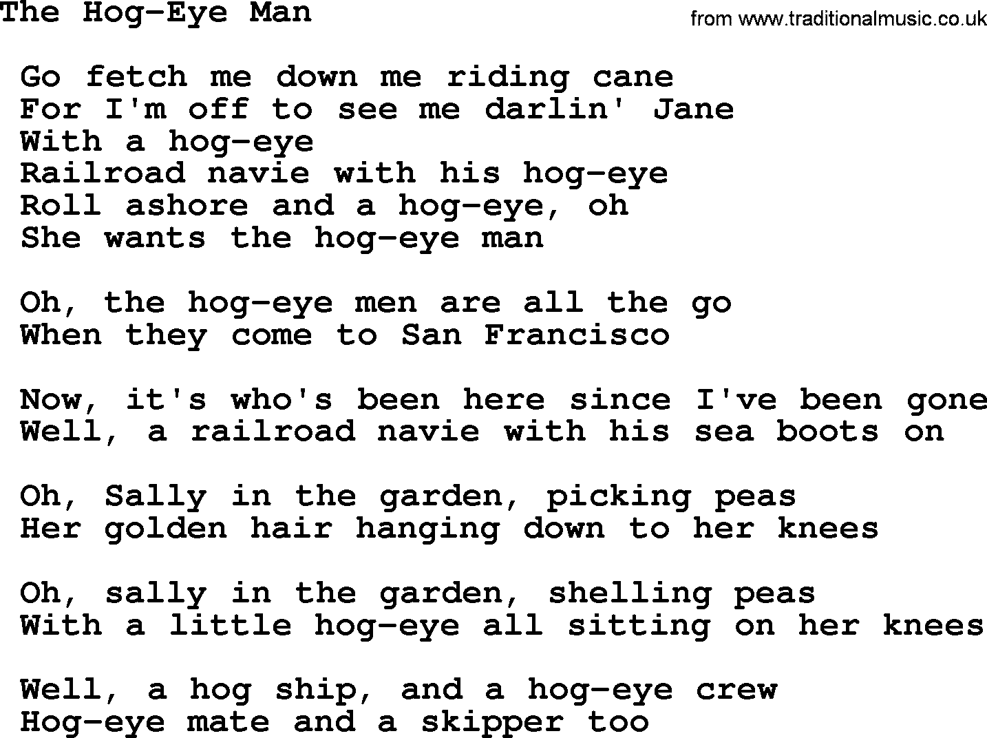 Sea Song or Shantie: The Hog-eye Man, lyrics