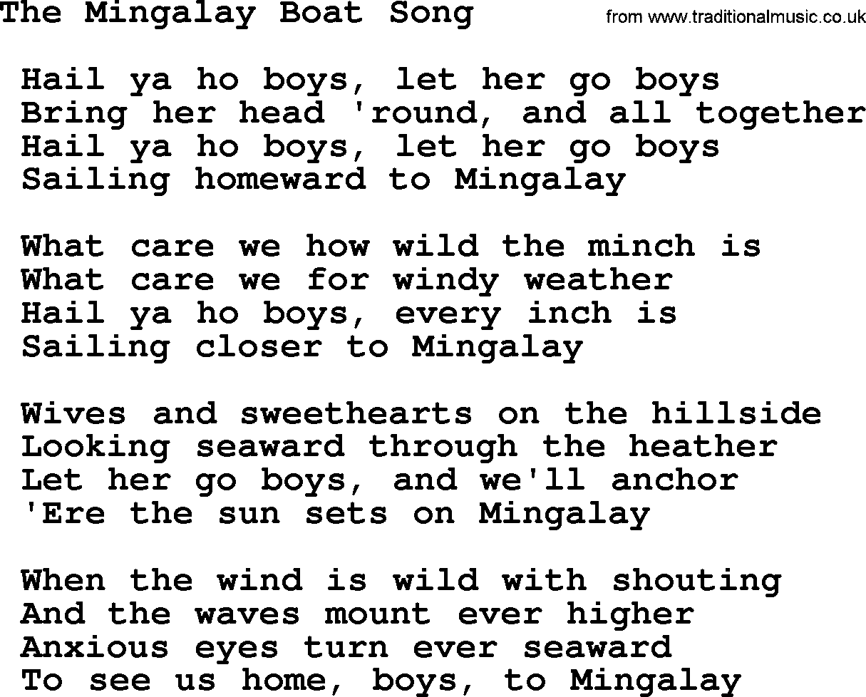 Sea Song or Shantie: The Mingalay Boat Song, lyrics