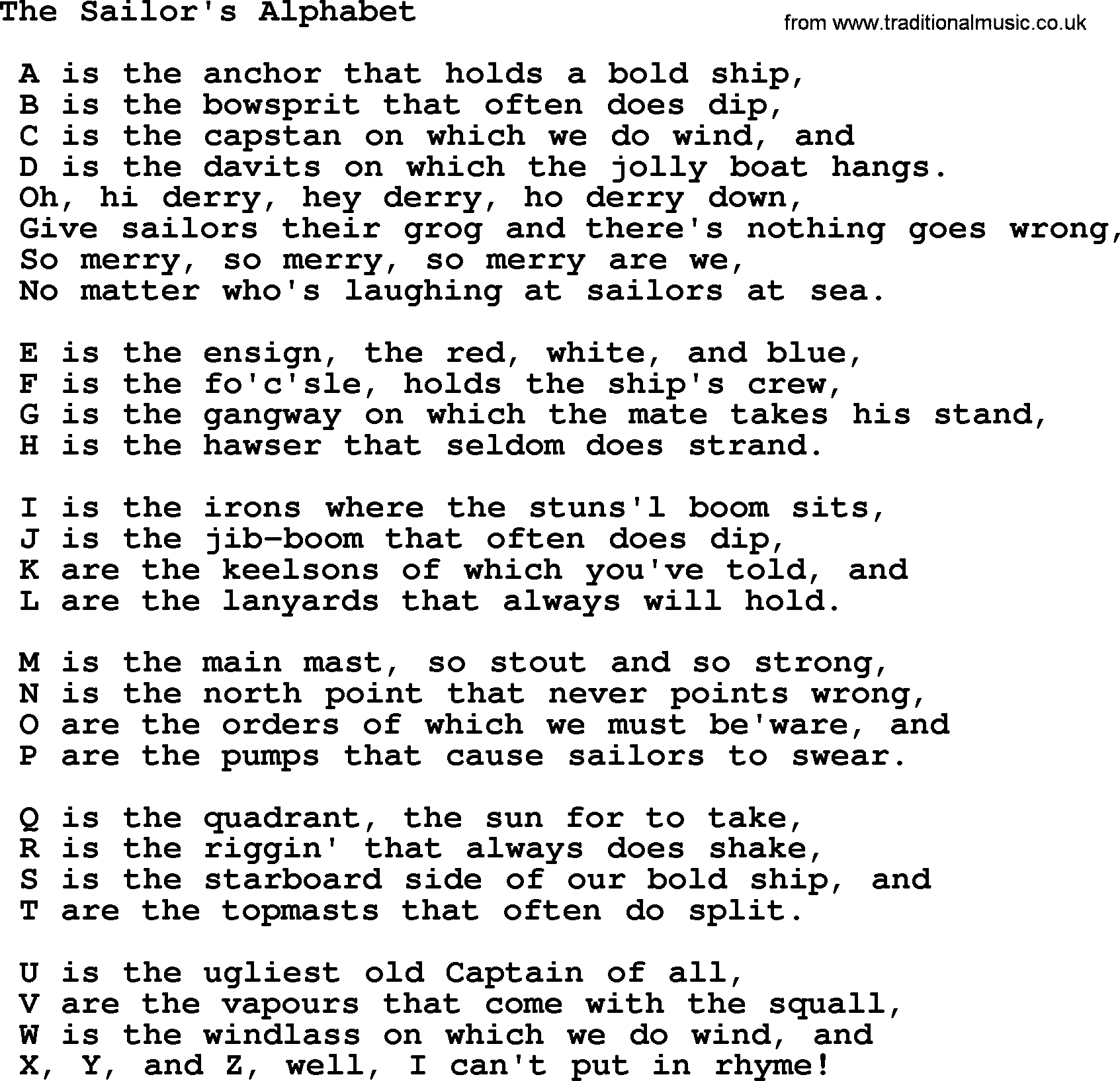 Sea Song or Shantie: The Sailors Alphabet, lyrics
