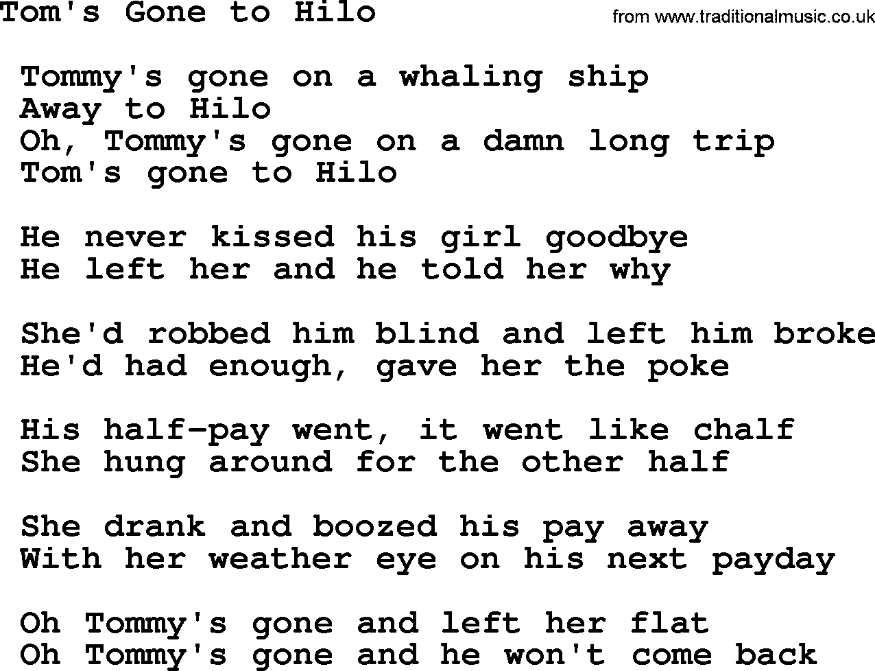 Sea Song or Shantie: Toms Gone To Hilo, lyrics