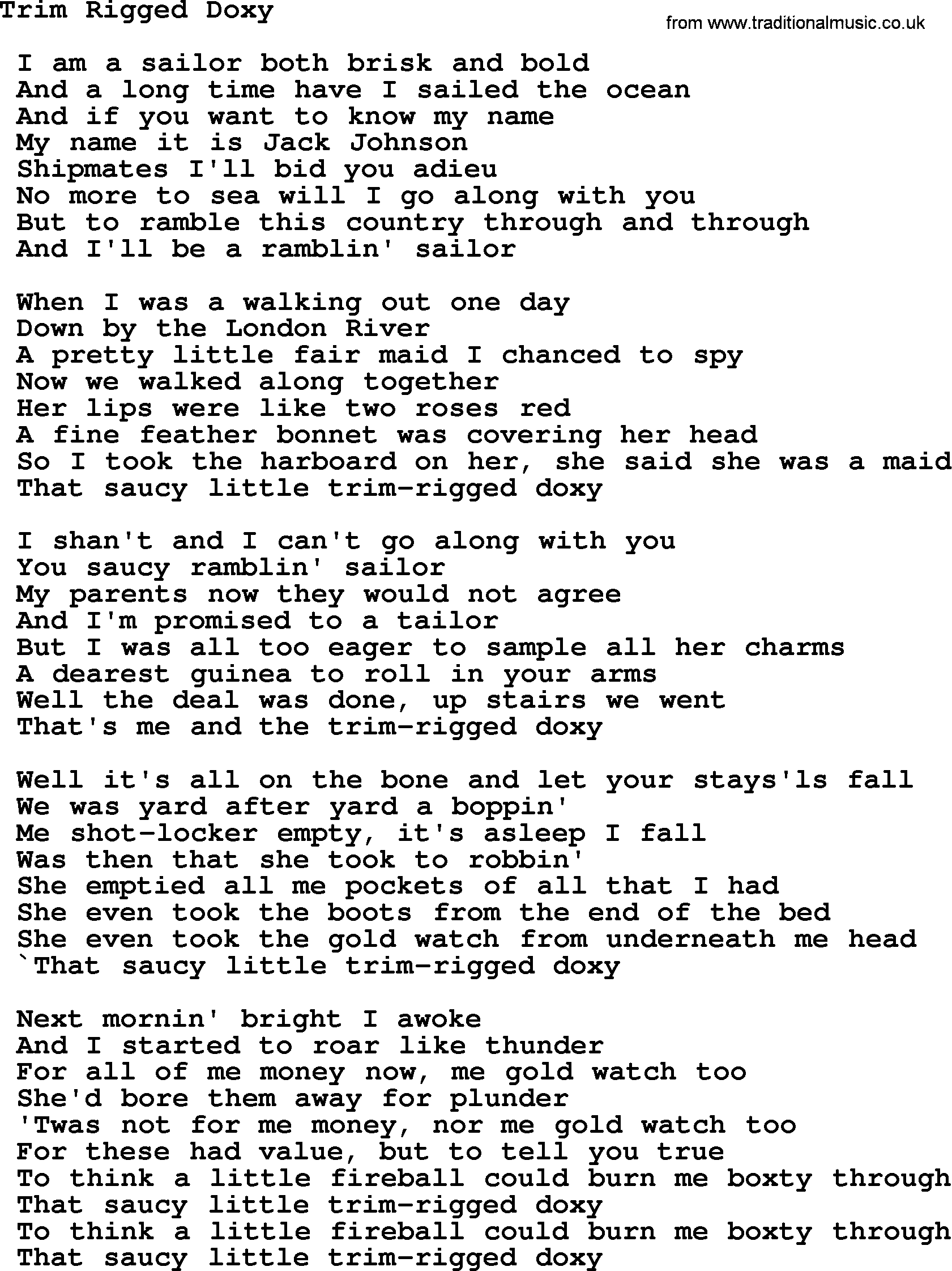 Sea Song or Shantie: Trim Rigged Doxy, lyrics