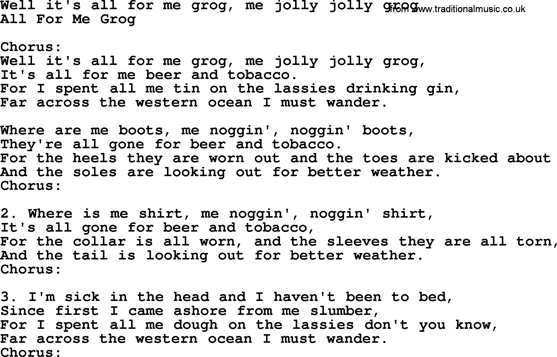 Sea Song or Shantie: Well Its All For Me Grog Me Jolly Jolly Grog, lyrics