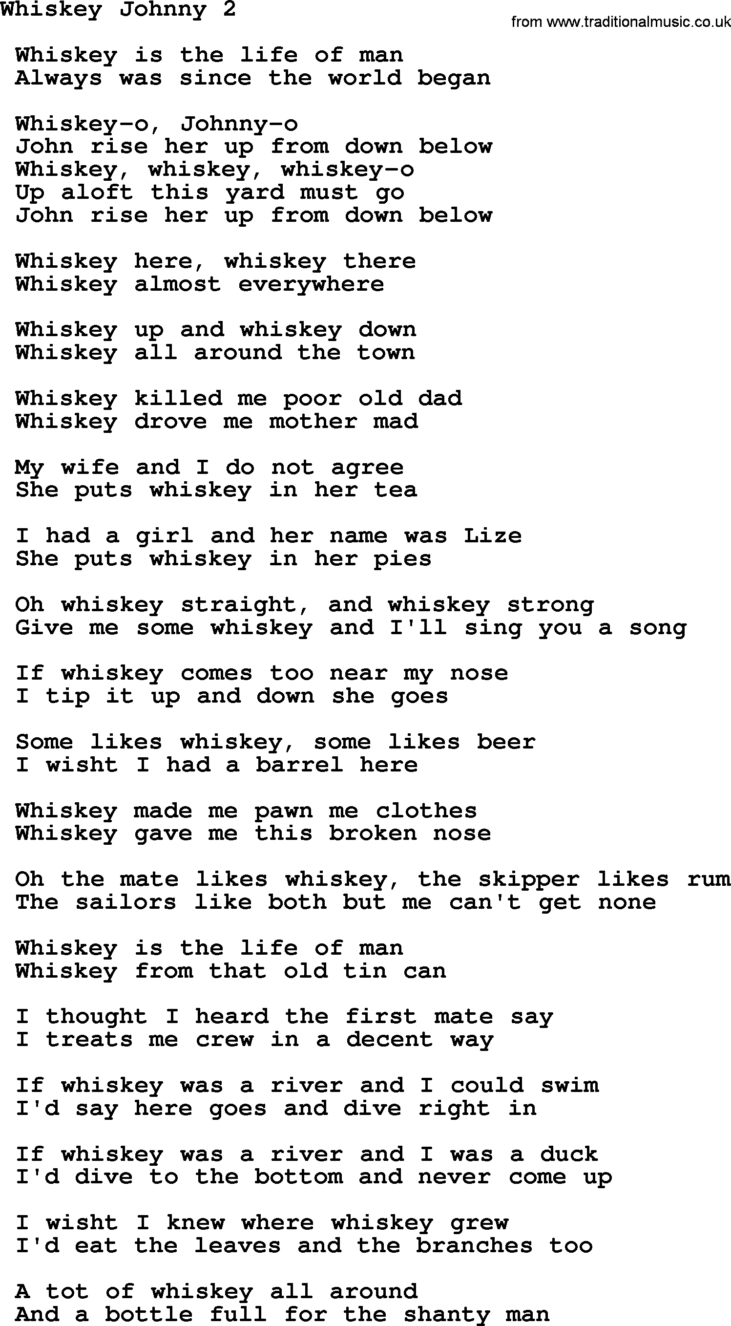 Sea Song or Shantie: Whiskey Johnny 2, lyrics
