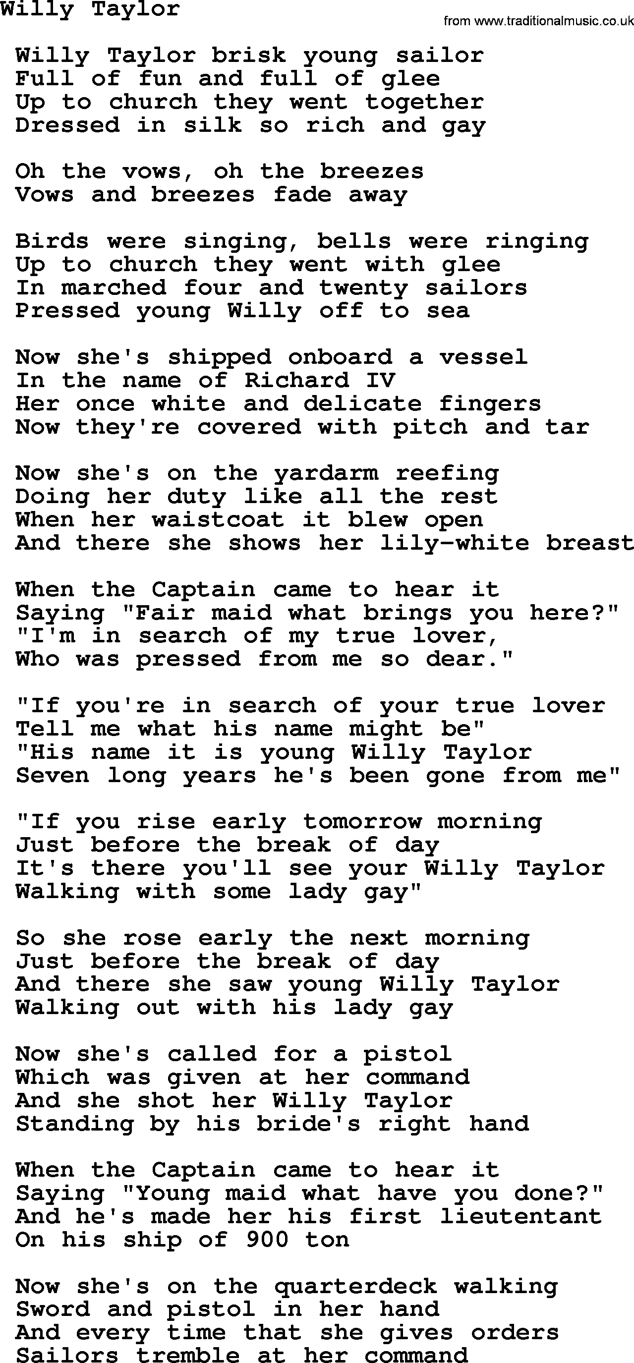 Sea Song or Shantie: Willy Taylor, lyrics
