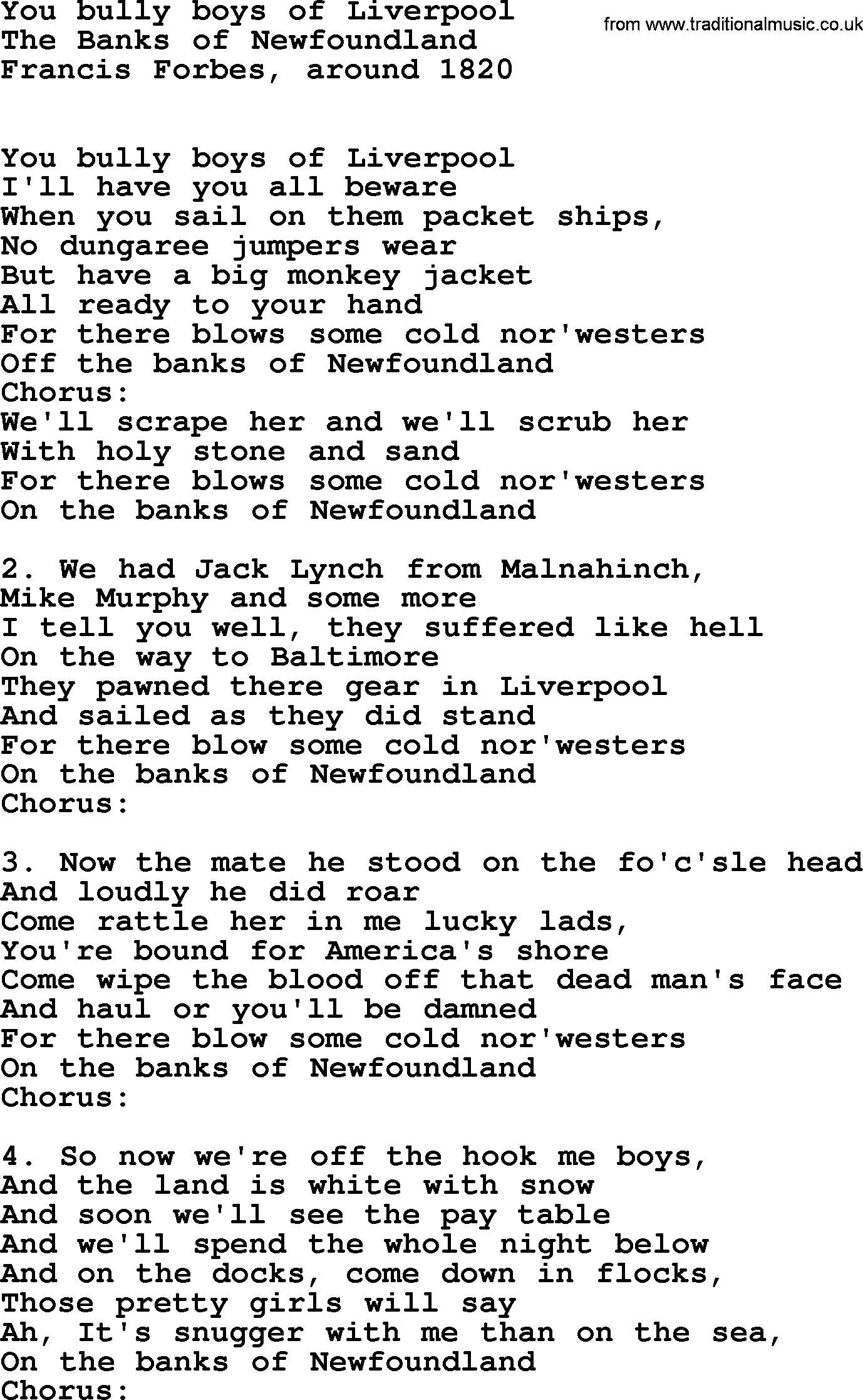 Sea Song or Shantie: You Bully Boys Of Liverpool, lyrics
