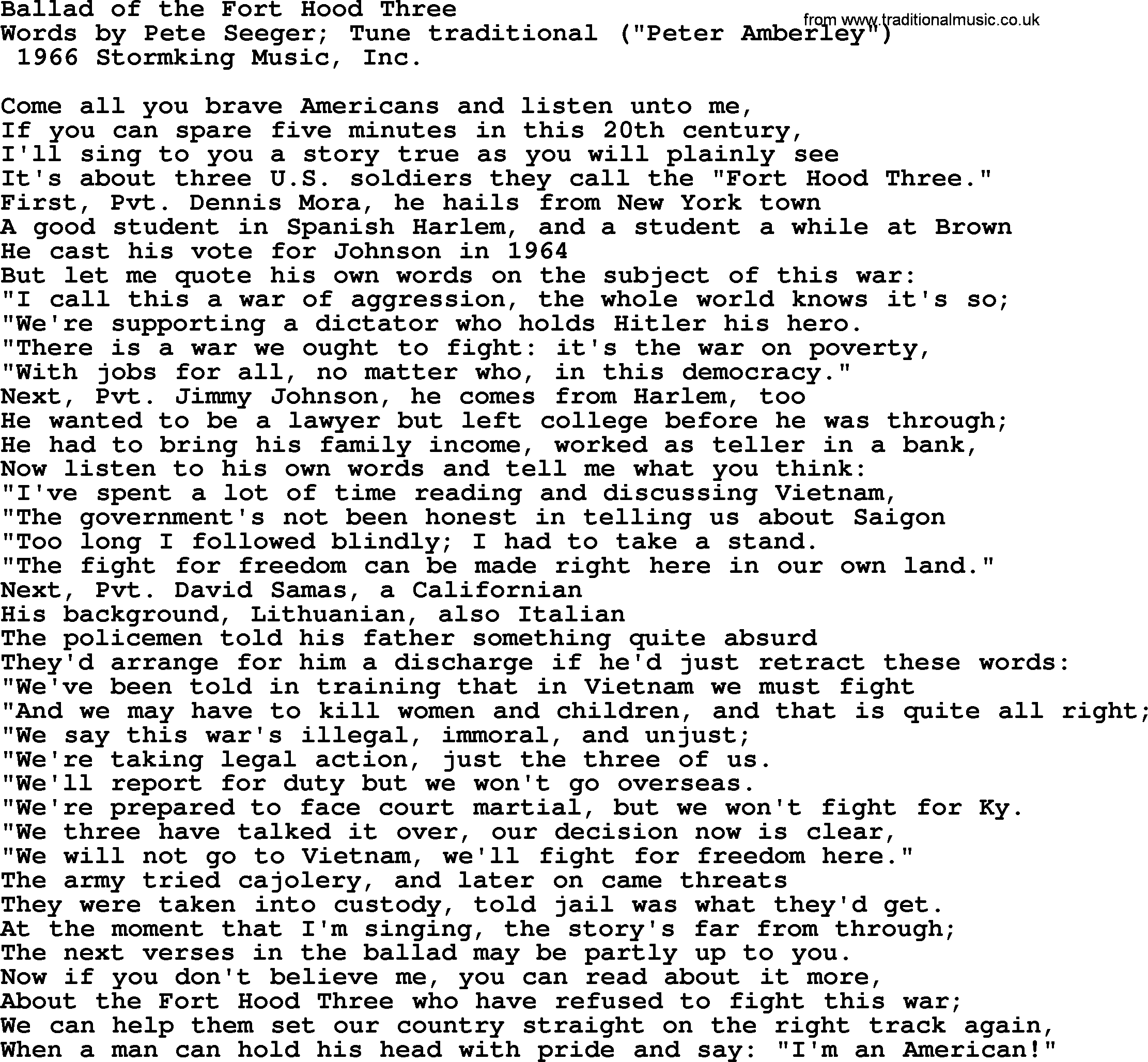 Pete Seeger song Ballad of the Fort Hood Three-Pete-Seeger.txt lyrics