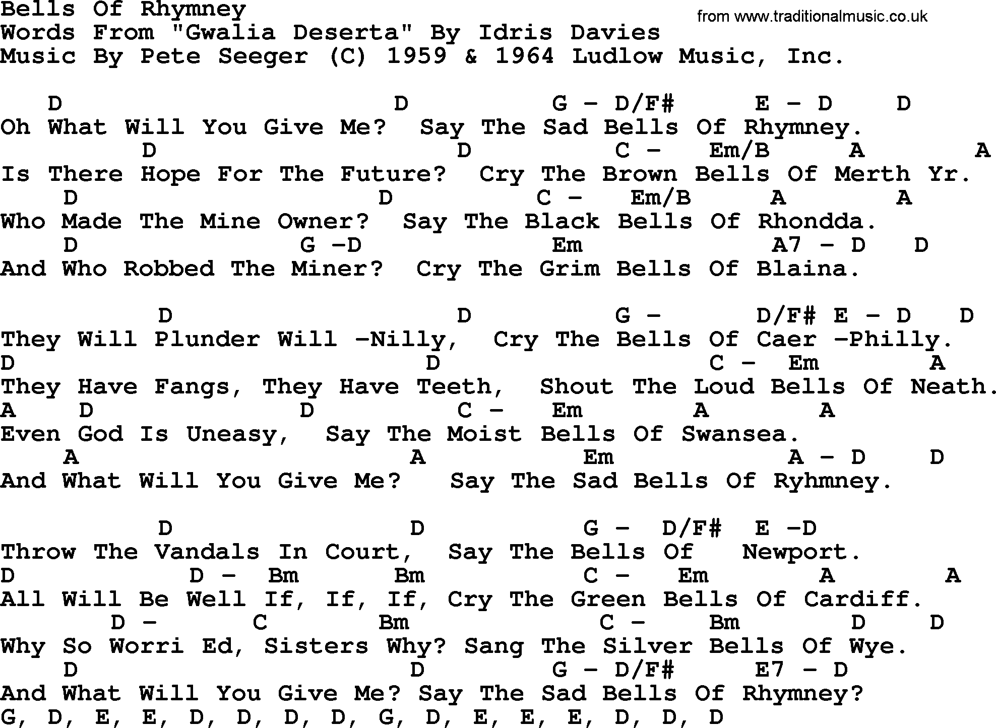 Pete Seeger song Bells Of Rhymney, lyrics and chords