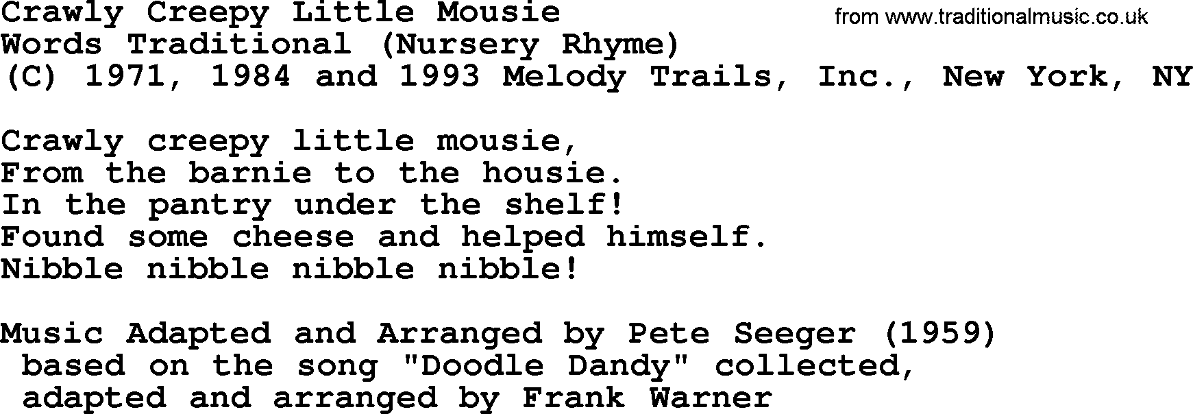 Pete Seeger song Crawly Creepy Little Mousie-Pete-Seeger.txt lyrics