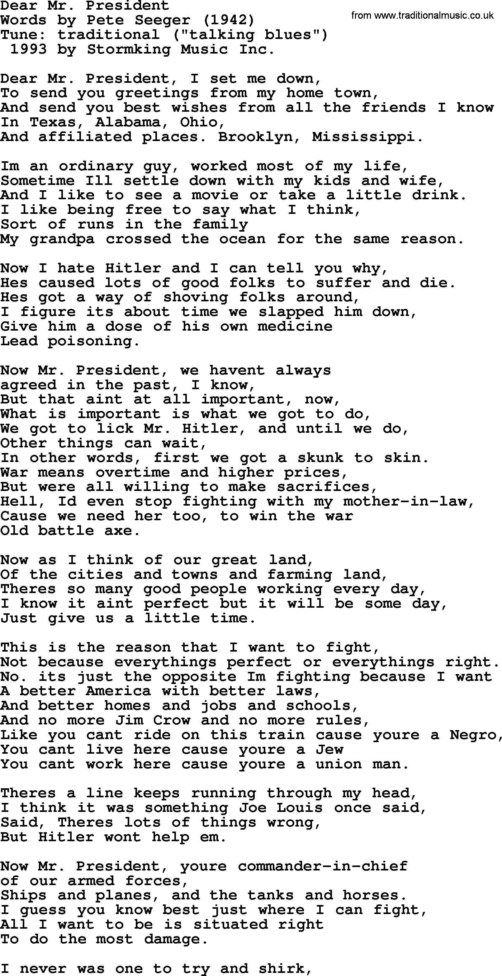 Pete Seeger song Dear Mr. President-Pete-Seeger.txt lyrics