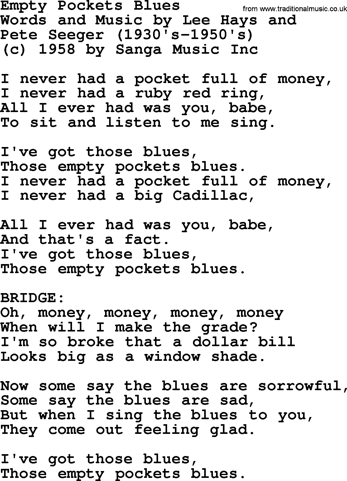 Pete Seeger song Empty Pockets Blues-Pete-Seeger.txt lyrics