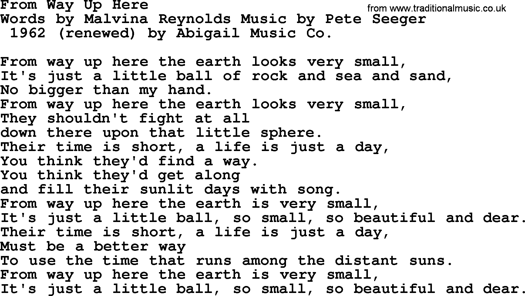 Pete Seeger song From Way Up Here-Pete-Seeger.txt lyrics