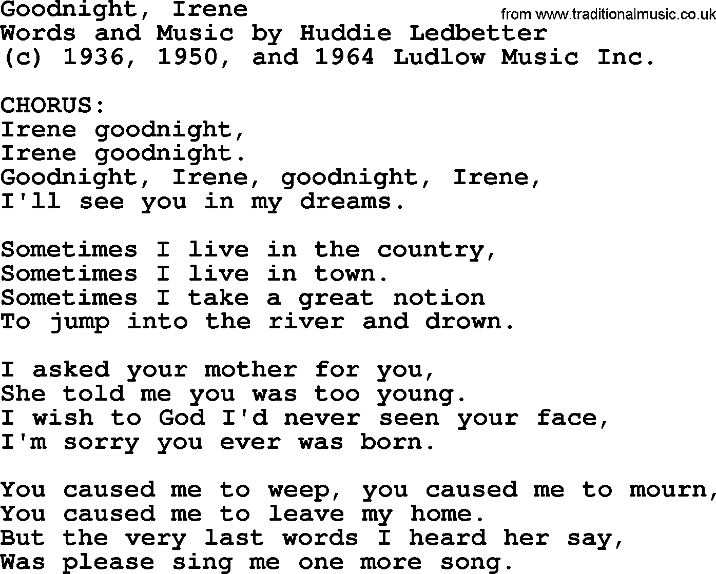 Pete Seeger song Goodnight, Irene-Pete-Seeger.txt lyrics
