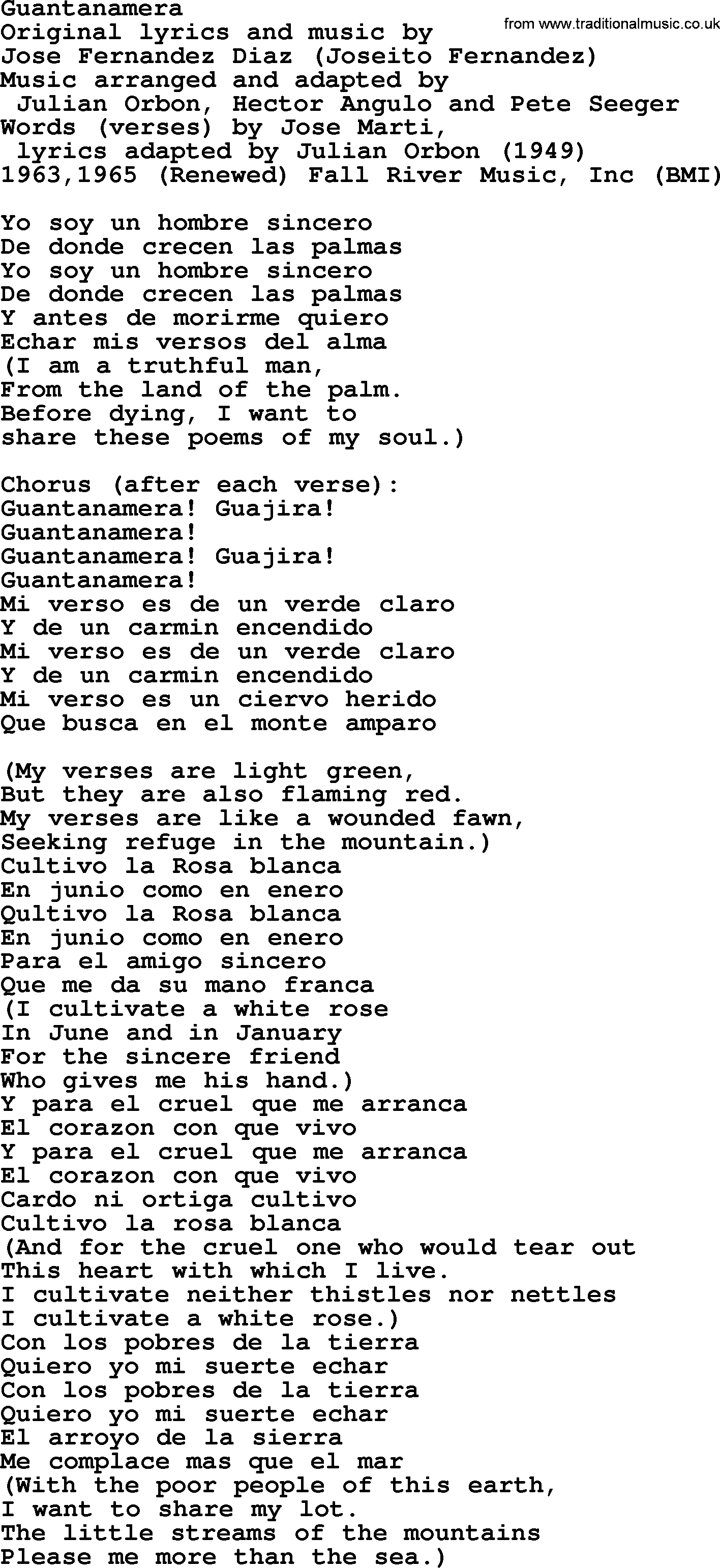 Pete Seeger song Guantanamera-Pete-Seeger.txt lyrics