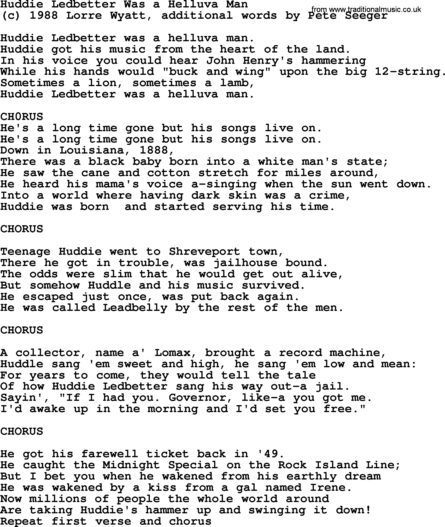 Pete Seeger song Huddie Ledbetter Was a Helluva Man-Pete-Seeger.txt lyrics