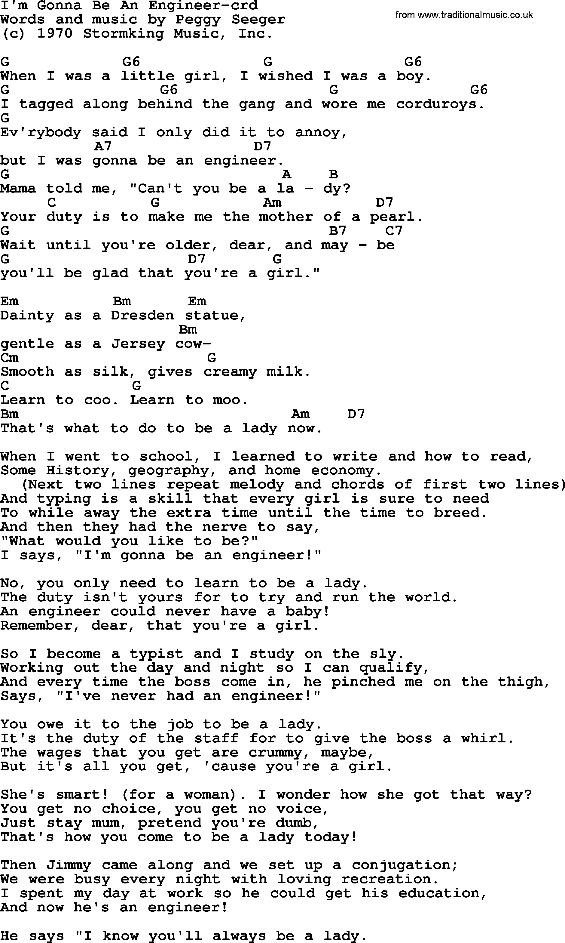 Pete Seeger song I'm Gonna Be An Engineer, lyrics and chords