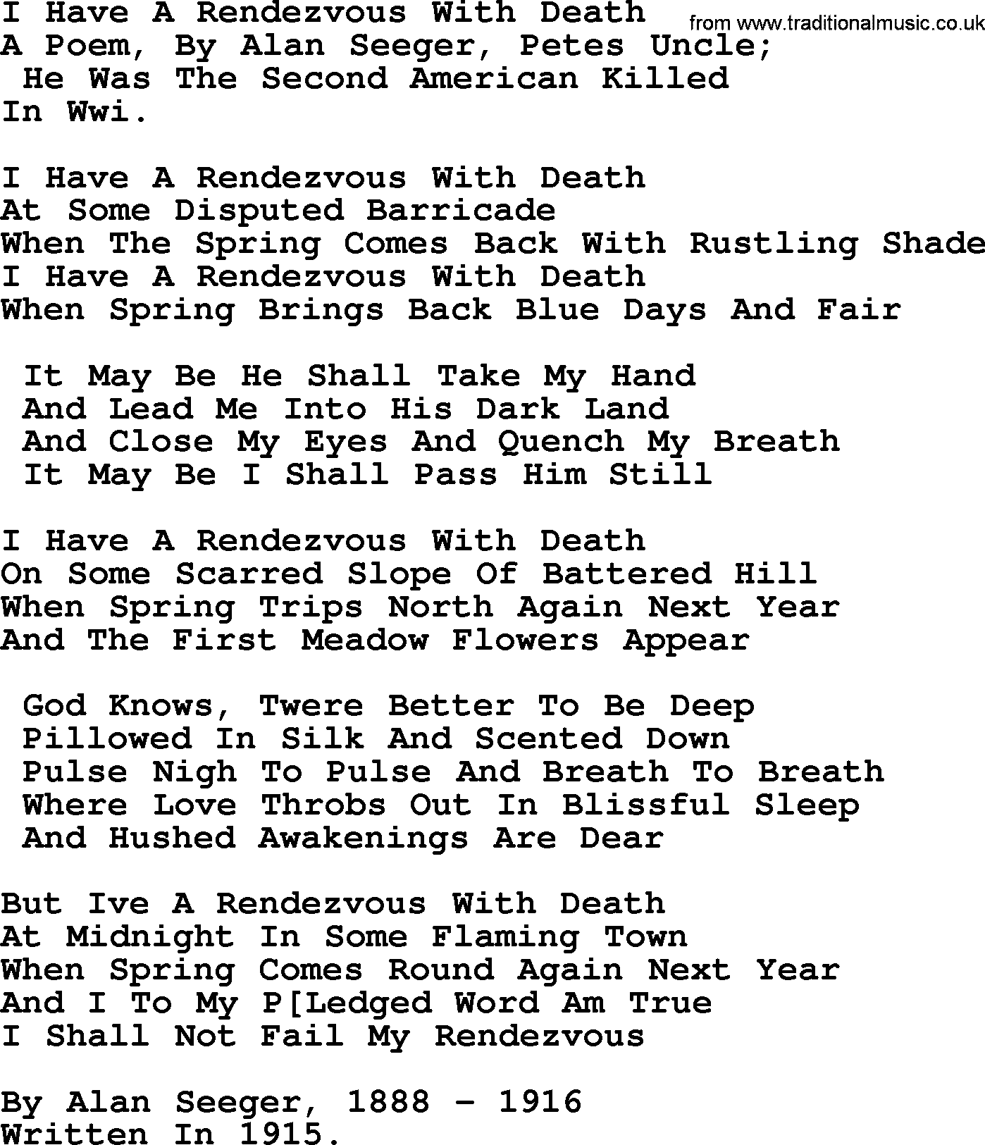 Pete Seeger song I Have A Rendezvous With Death-Pete-Seeger.txt lyrics