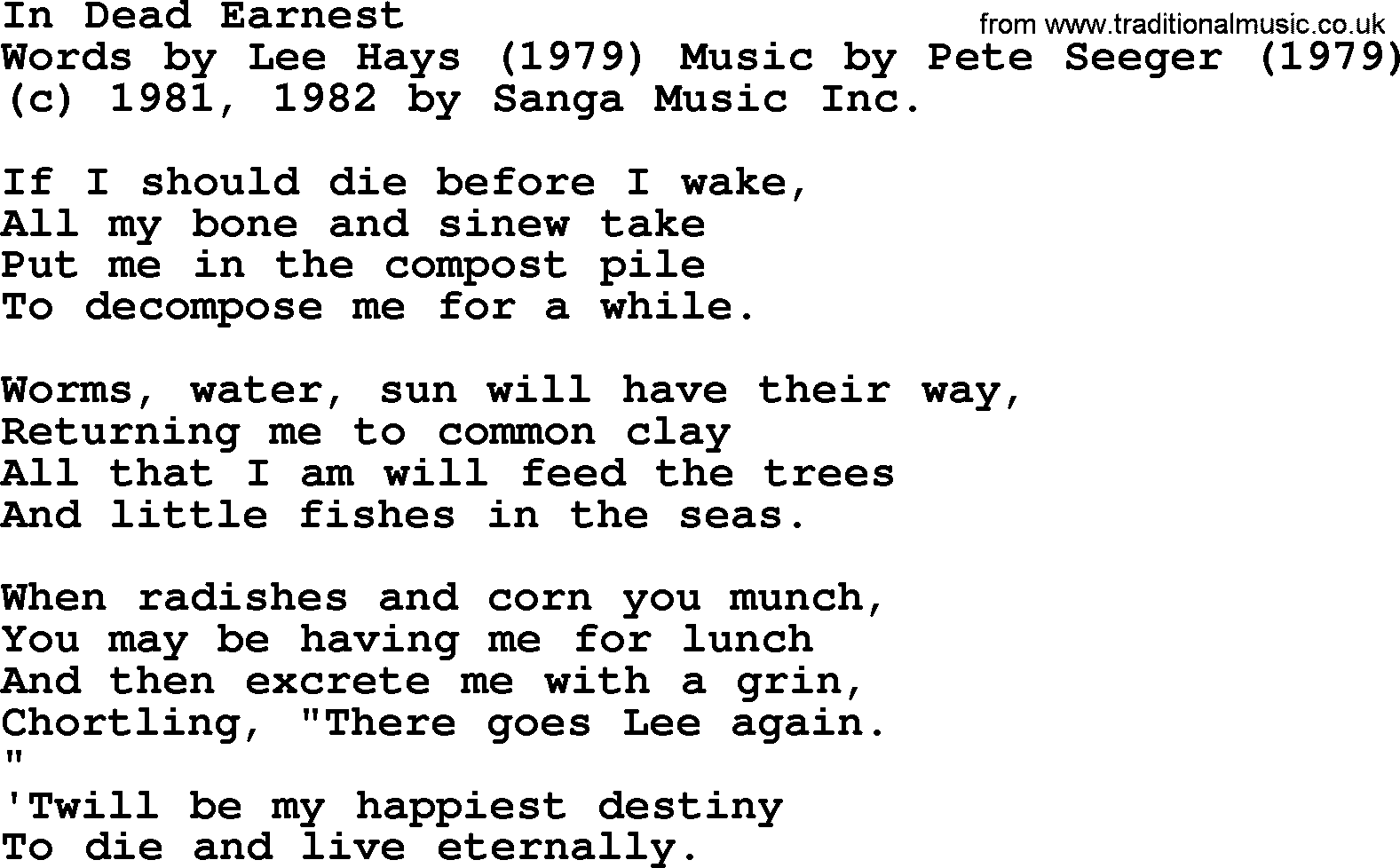 Pete Seeger song In Dead Earnest-Pete-Seeger.txt lyrics