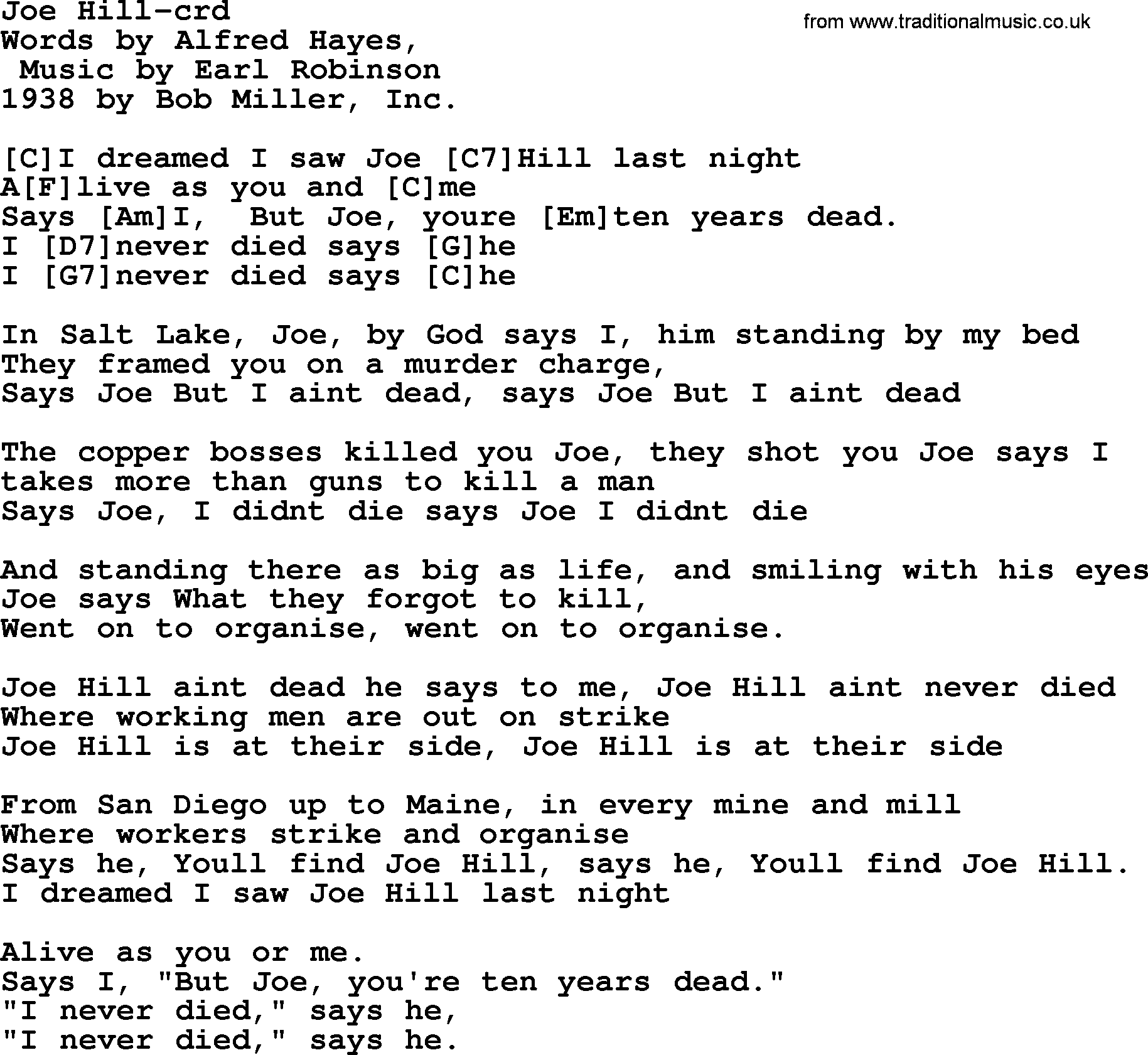 Pete Seeger song Joe Hill, lyrics and chords