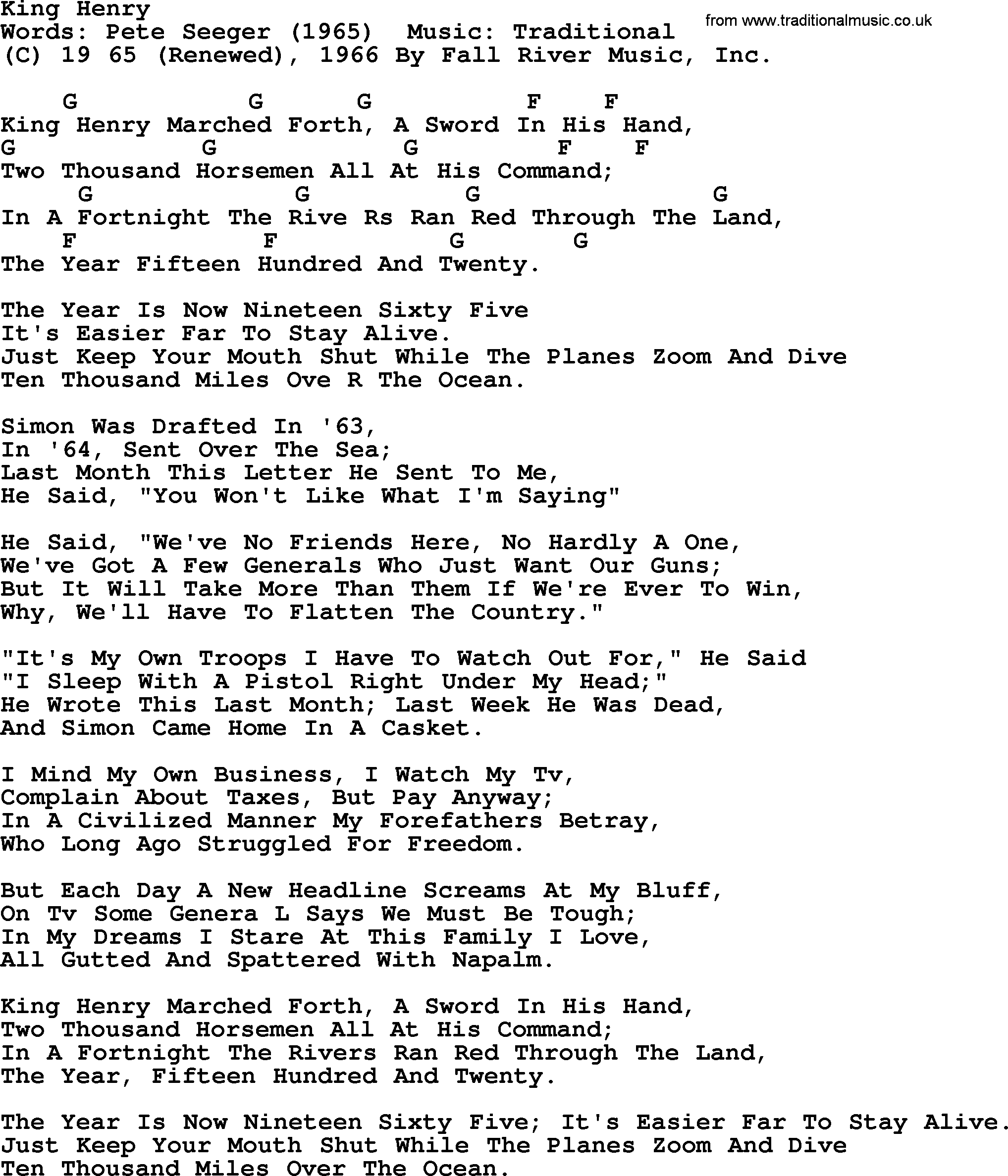 Pete Seeger song King Henry, lyrics and chords