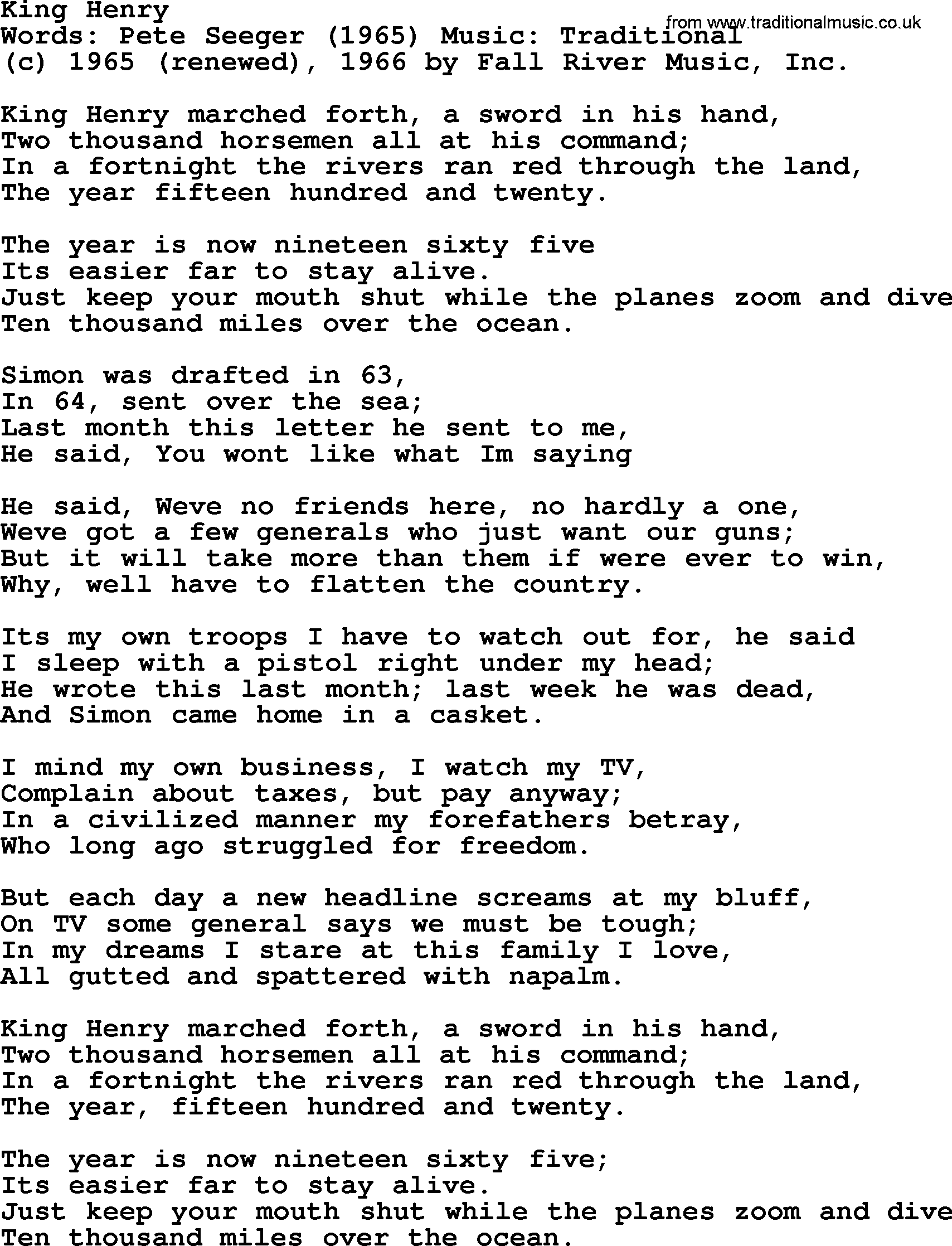 Pete Seeger song King Henry-Pete-Seeger.txt lyrics
