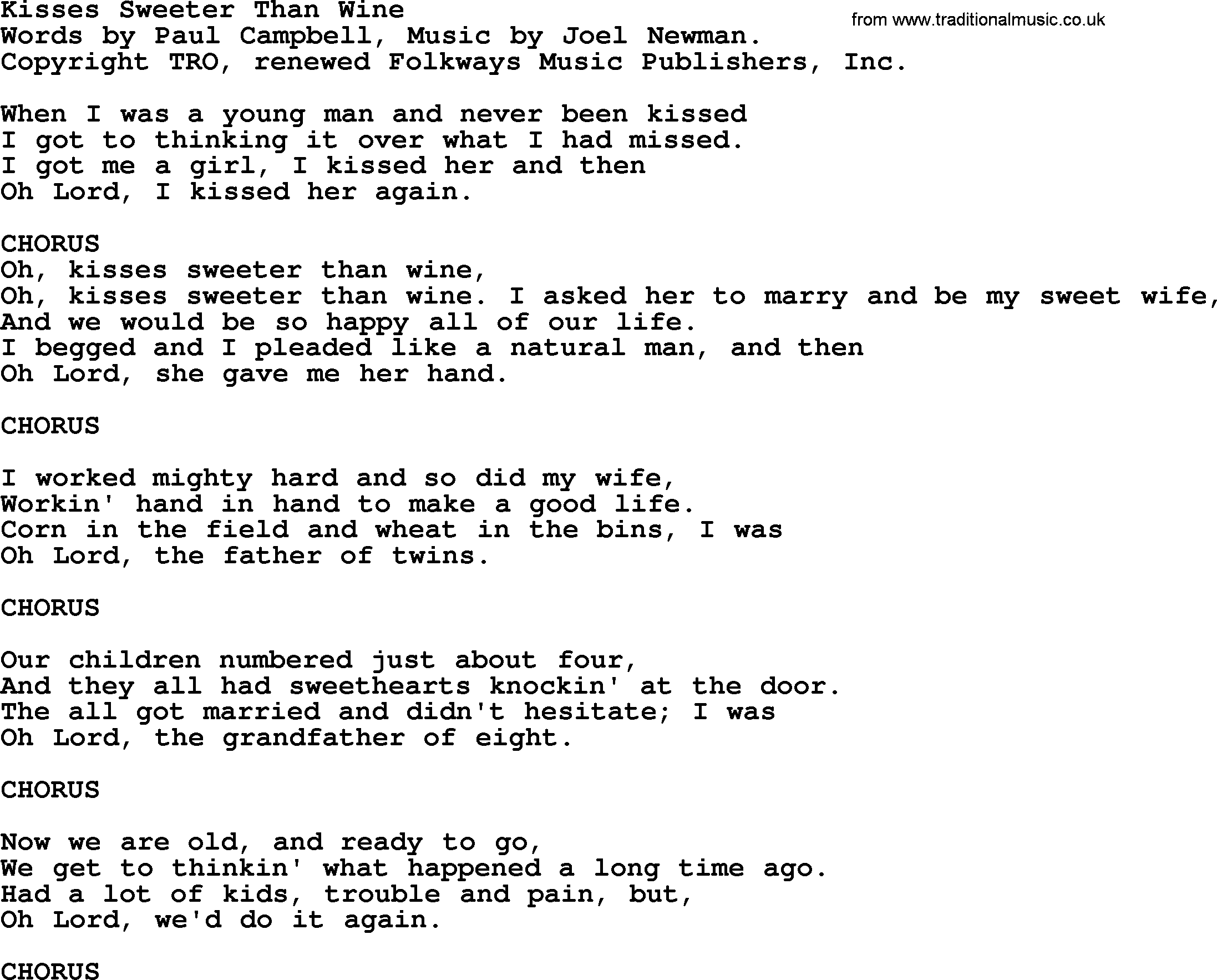 Pete Seeger song Kisses Sweeter Than Wine-Pete-Seeger.txt lyrics
