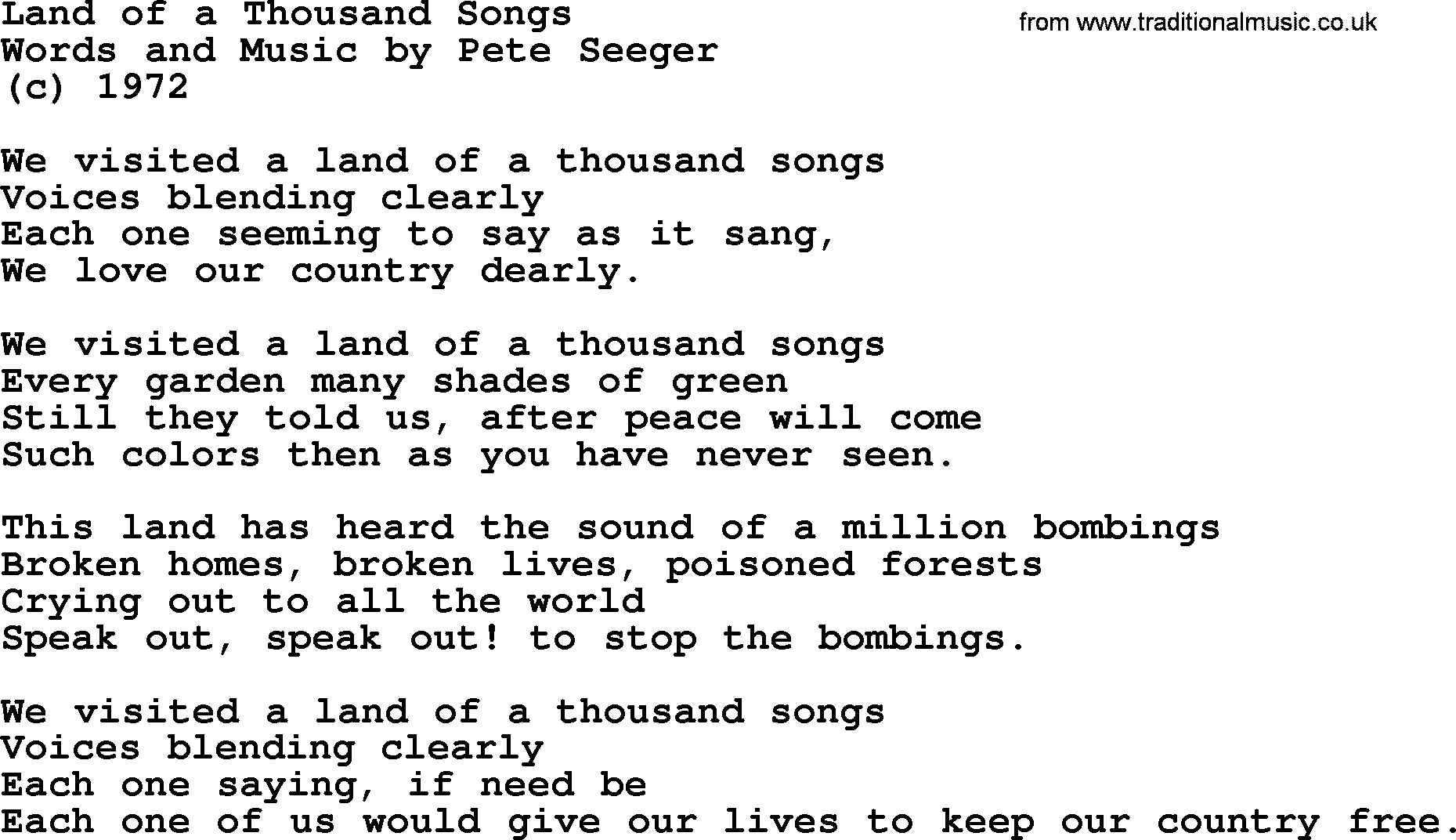 Pete Seeger song Land of a Thousand Songs-Pete-Seeger.txt lyrics