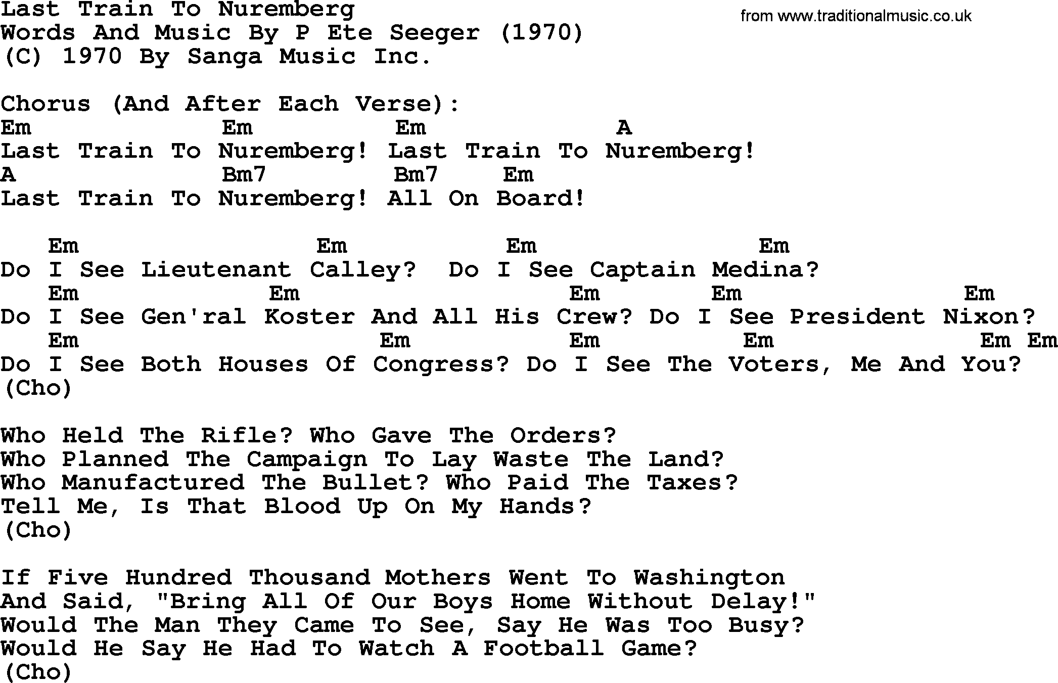 Pete Seeger song Last Train To Nuremberg, lyrics and chords