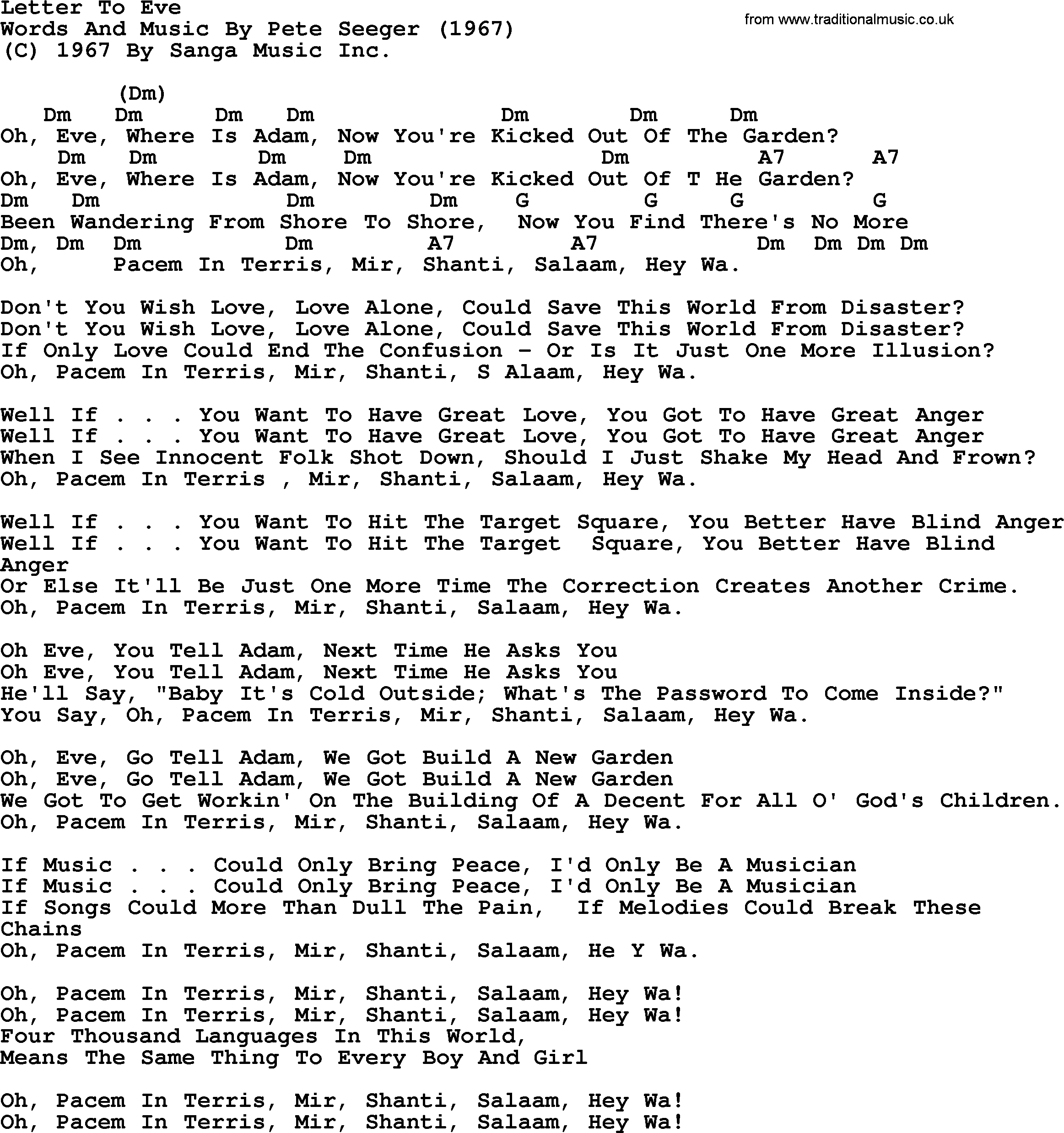 Pete Seeger song Letter To Eve, lyrics and chords