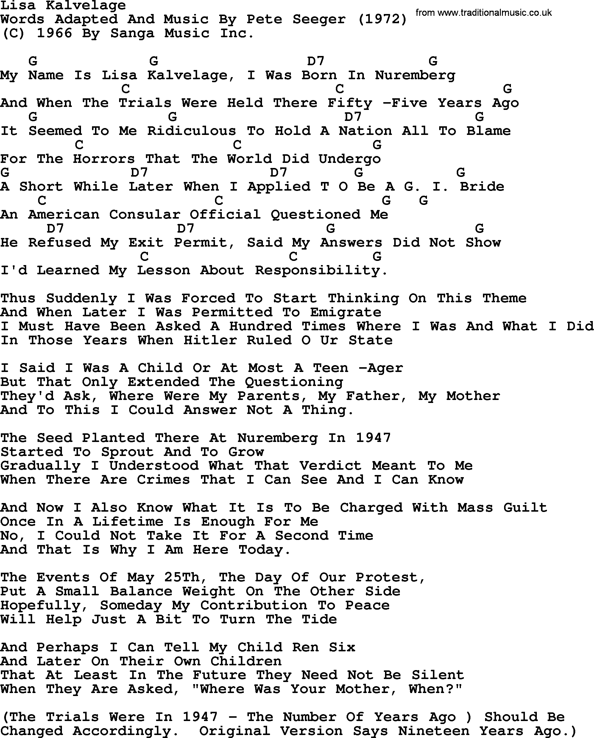 Pete Seeger song Lisa Kalvelage, lyrics and chords