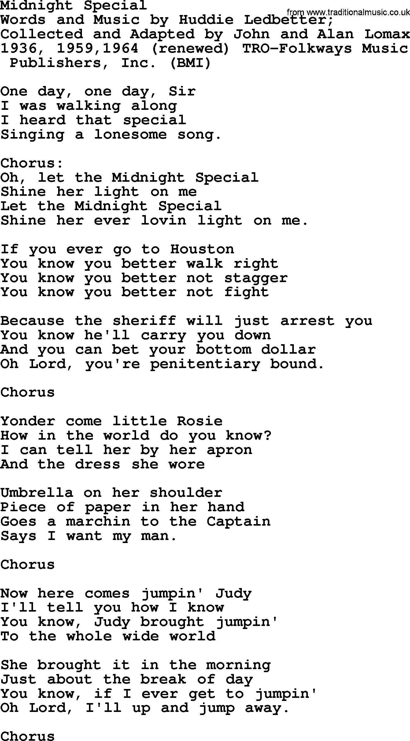 Pete Seeger song Midnight Special-Pete-Seeger.txt lyrics