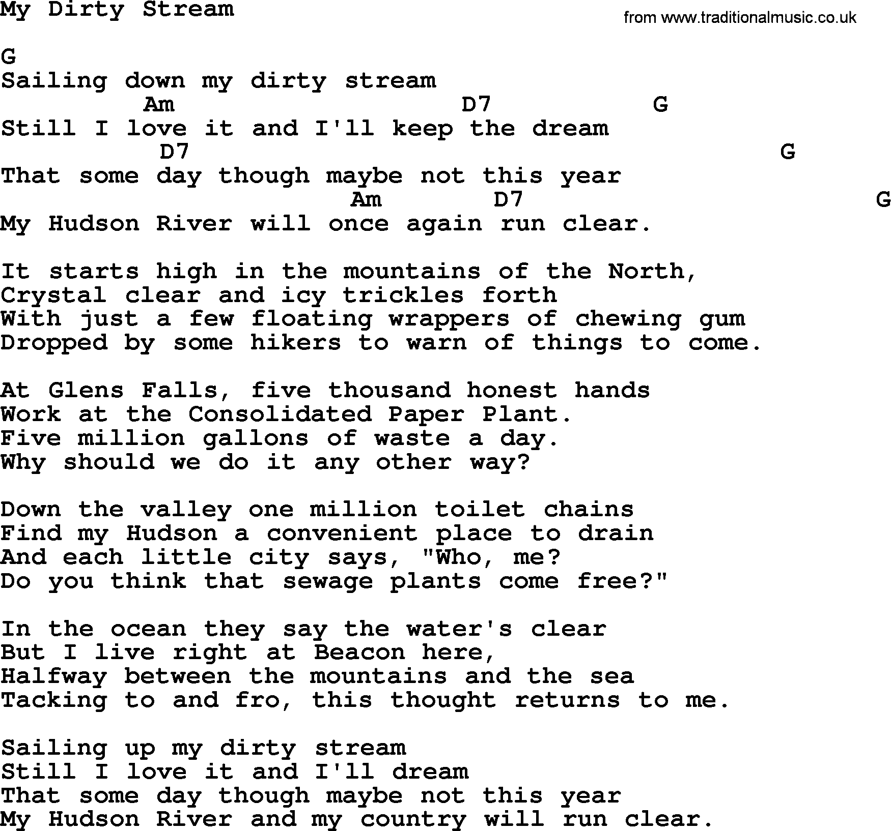 Pete Seeger song My Dirty Stream, lyrics and chords