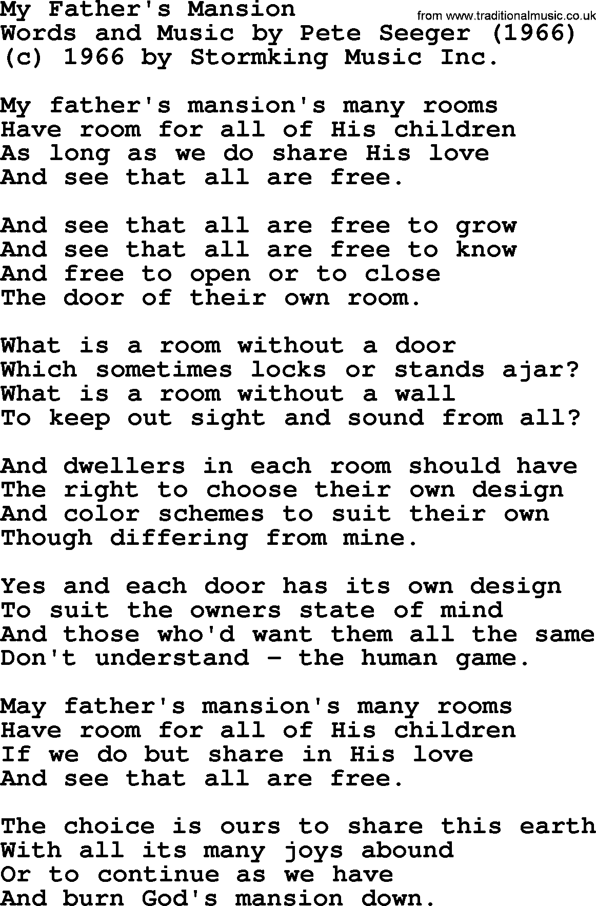 Pete Seeger song My Father's Mansion-Pete-Seeger.txt lyrics