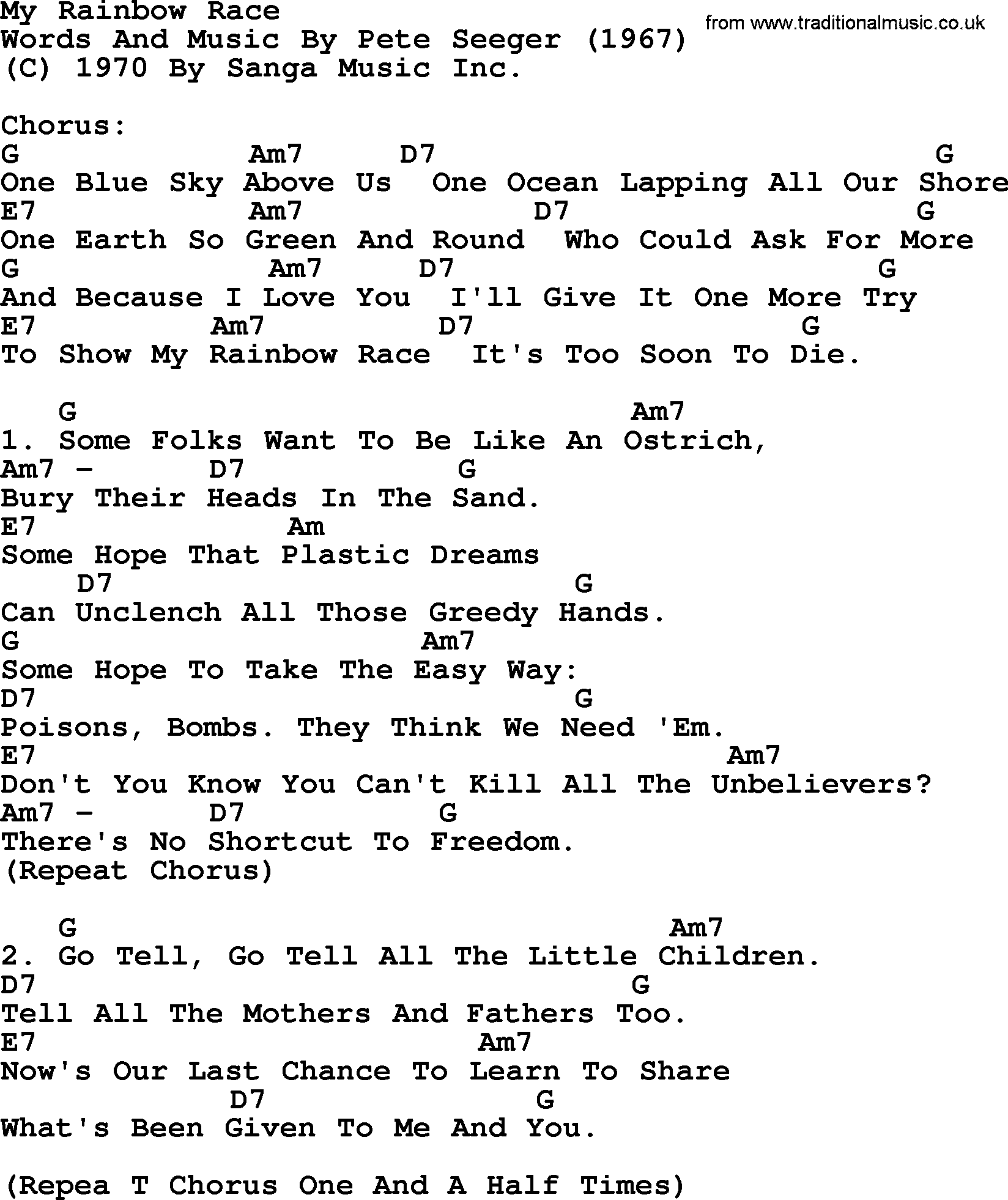 Pete Seeger song My Rainbow Race, lyrics and chords