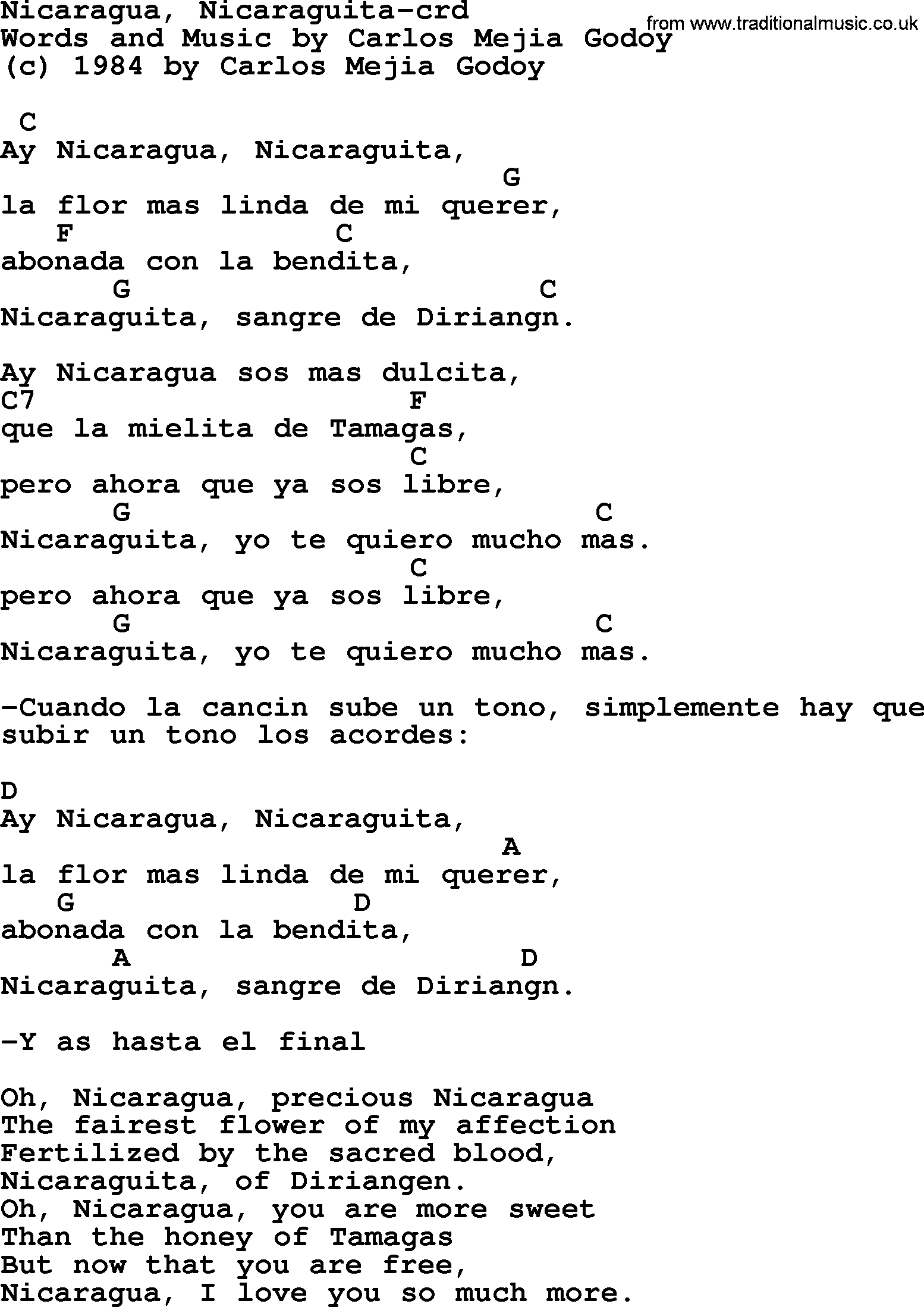Pete Seeger song Nicaragua, Nicaraguita, lyrics and chords