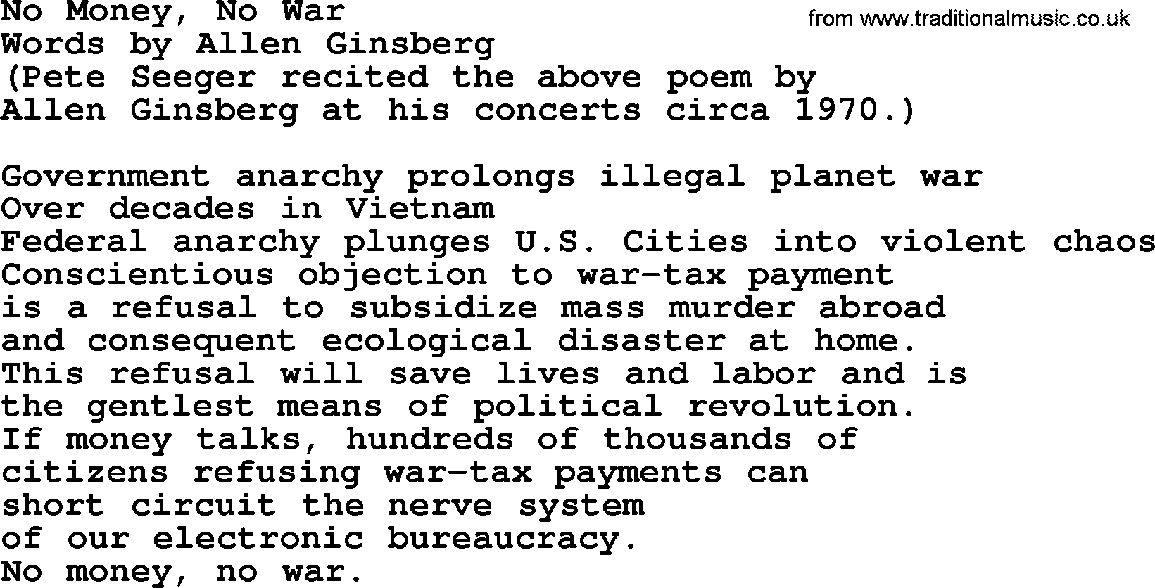Pete Seeger song No Money, No War-Pete-Seeger.txt lyrics