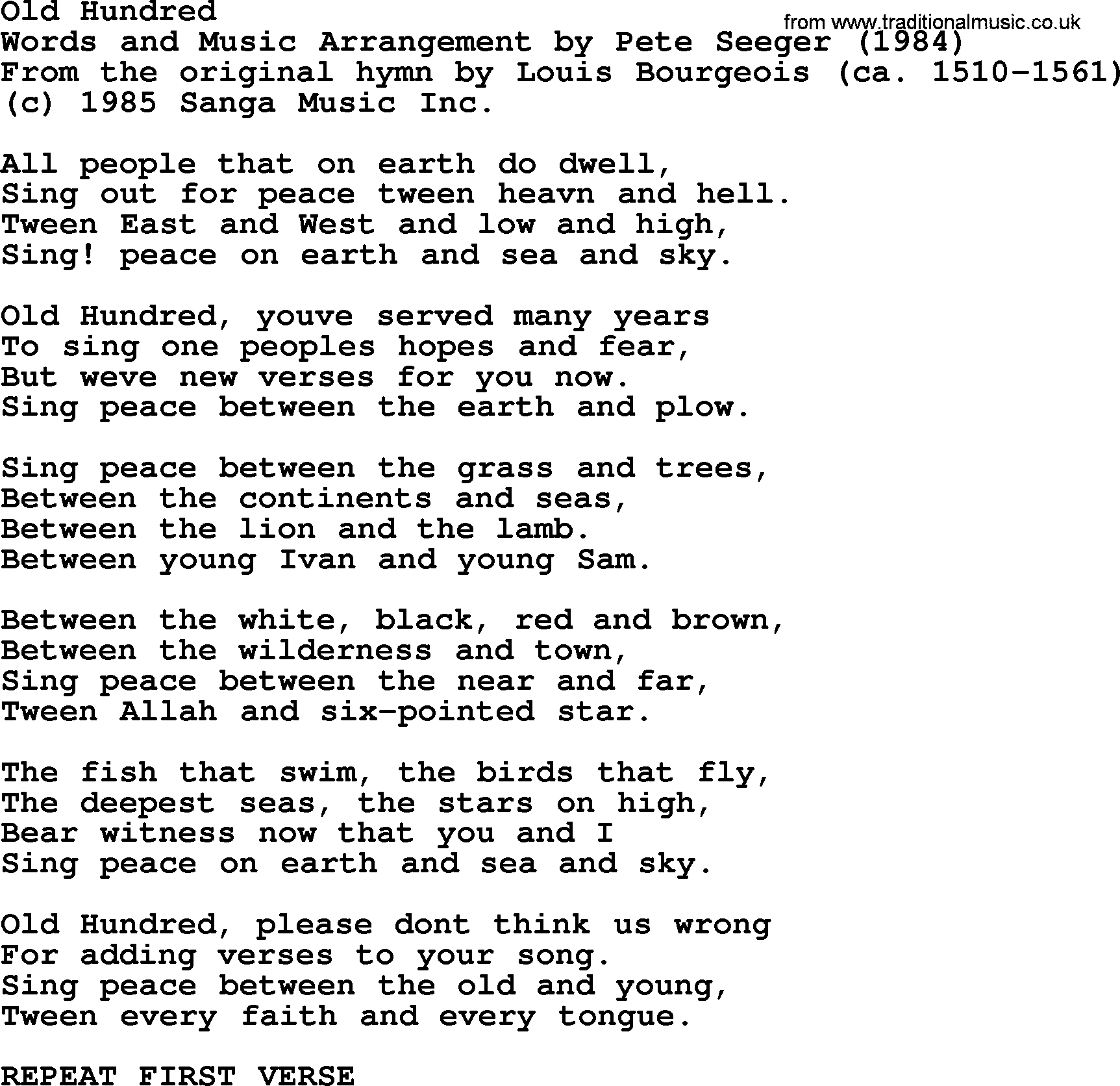 Pete Seeger song Old Hundred-Pete-Seeger.txt lyrics