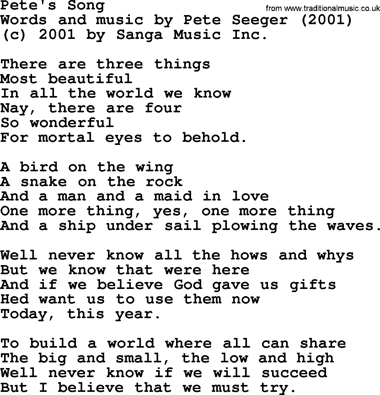 Pete Seeger song Pete's Song-Pete-Seeger.txt lyrics