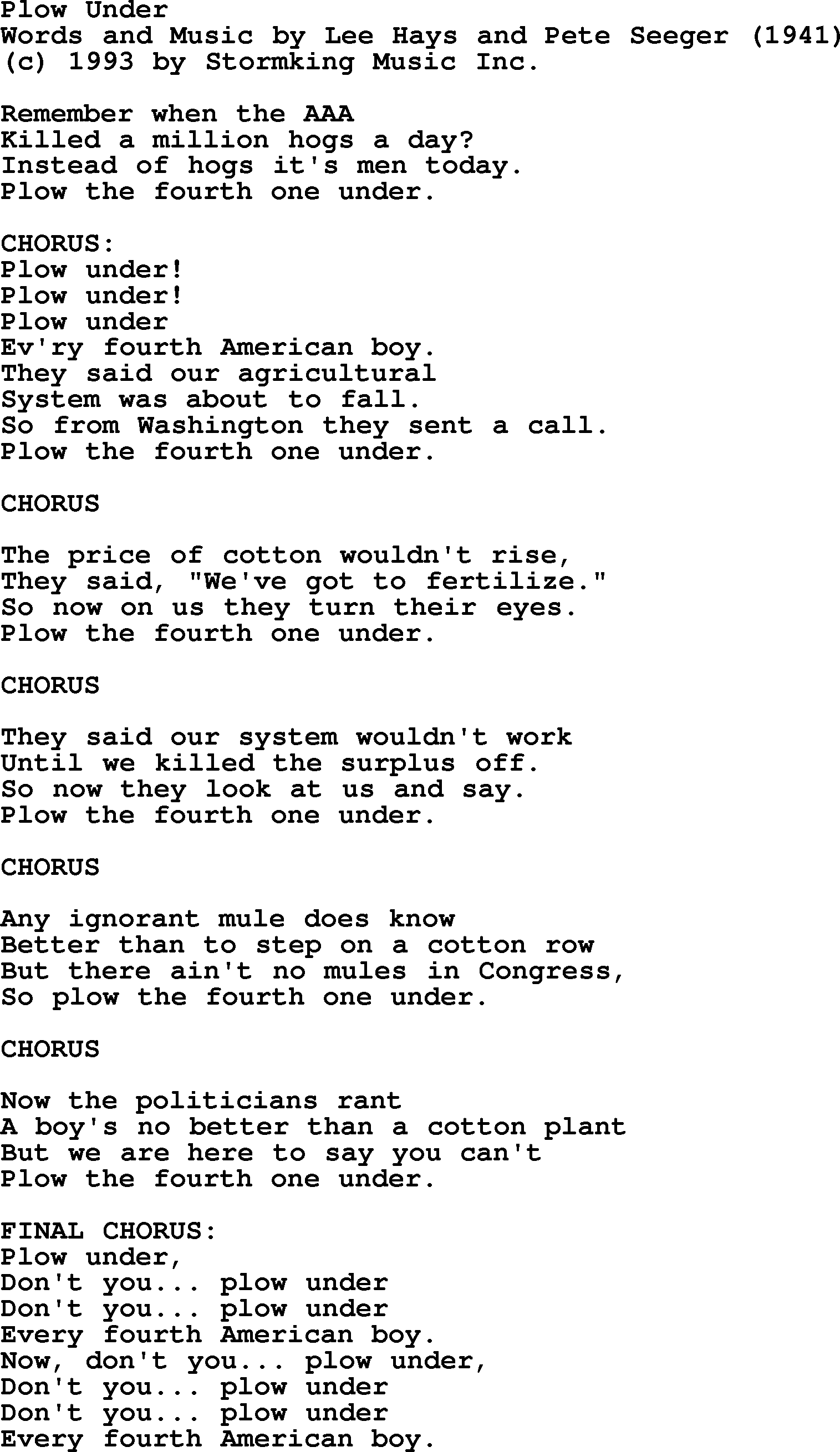 Pete Seeger song Plow Under-Pete-Seeger.txt lyrics