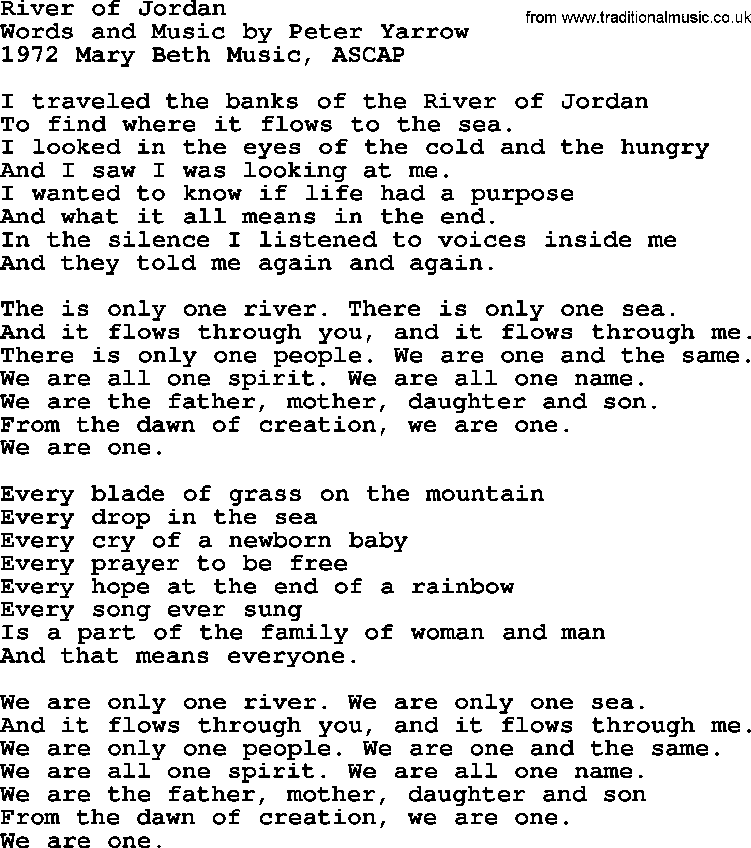 Pete Seeger song River of Jordan-Pete-Seeger.txt lyrics